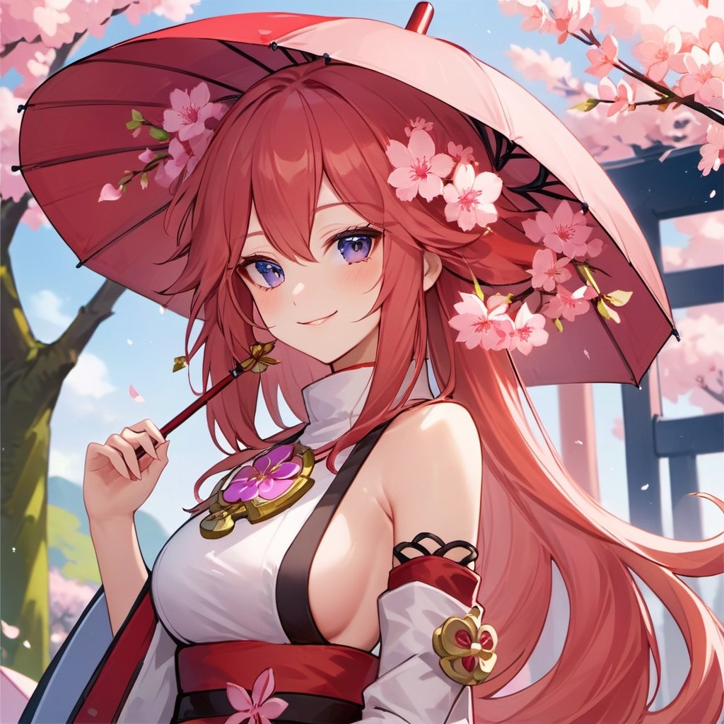 (\ba chong shen zi\),1girl, solo, long hair, umbrella, detached sleeves, holding, cherry blossoms, holding umbrella, wide sleeves, japanese clothes, smile, oil-paper umbrella, jewelry, long sleeves, bangs, earrings, outdoors, closed mouth, very long hair, medium breasts, from side, day