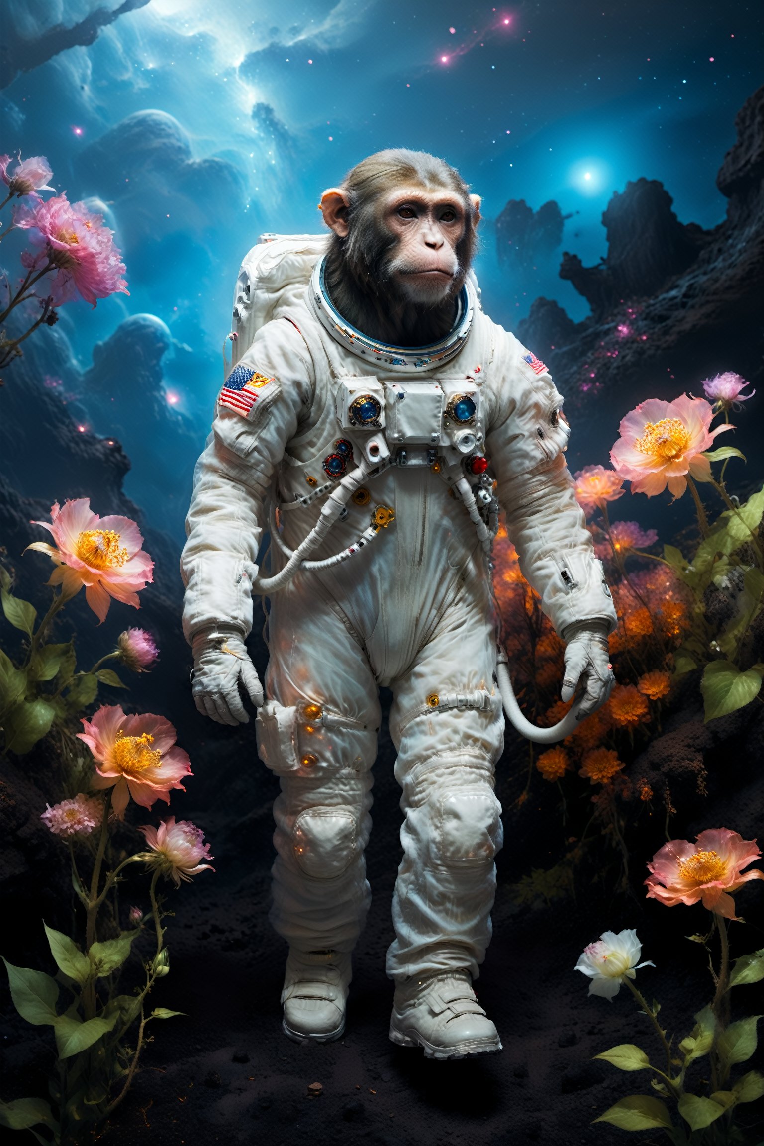A bioluminescent monkey astronaut in a hi-tech space suit, walking in the dark planet among glowing etheral ghost flowers, surreal photography, cosmic wonder, (by Tim Walker & NASA & Salvador Dali), neon colors, high contrast, featured on National Geographic, outer space scene, realistic details, high resolution
