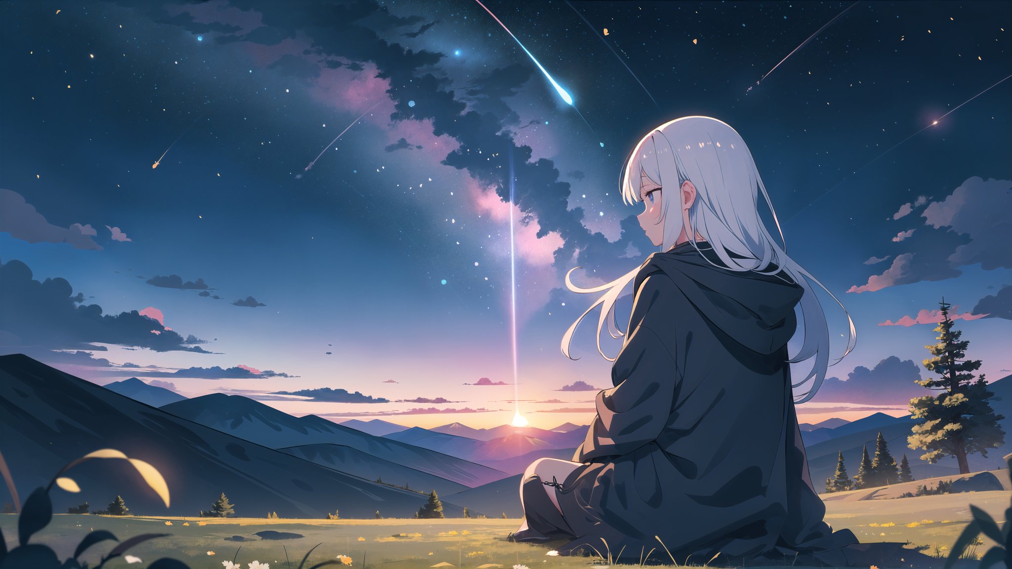 (masterpiece, best quality, highres:1.3), ultra resolution image, (solo), (1girl), (very long hair, silver hair), outdoors, starry sky, (scenery:1.2), milky way, night, star trail, cloud, mountain, night sky, black hooded robe, silhouette, (from behind:1.2), girl looking sky, extremely detailed CG unity 8k wallpaper, moon, dramatic lighting, light particles, girl sitting on ground, mountainous horizon, sunset, field,