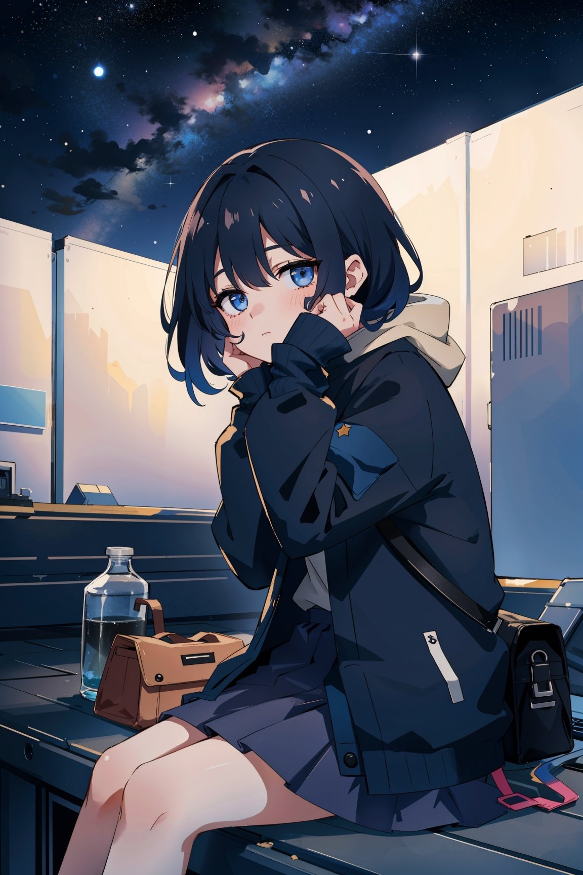 A girl sits on the rooftop, gazing up at the starry sky. The photograph captures only her silhouette, concealing her face.