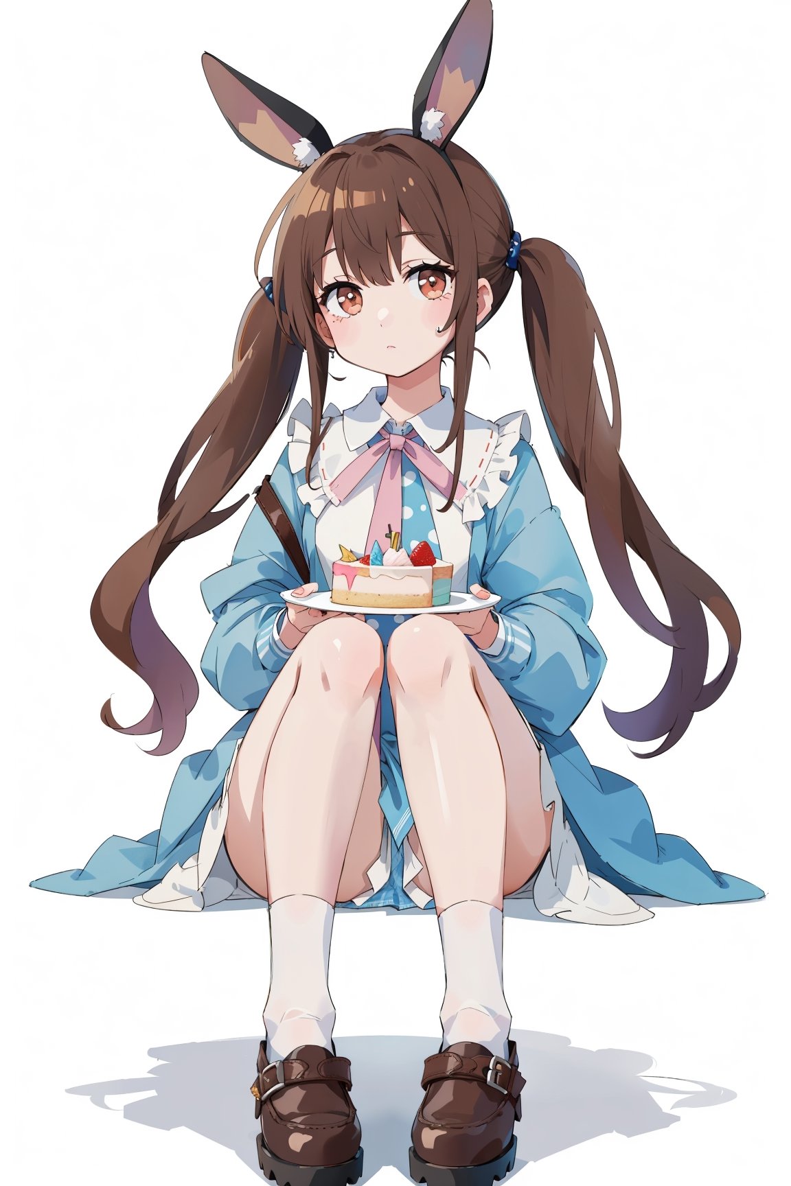 (masterpiece, best quality, highres:1.3), ultra resolution image, (1girl), (solo), kawaii, full body, shoes, look at viewer, stand_sitting, brown hair, low twintails, middle hair, cake, dress, alice wonderland,