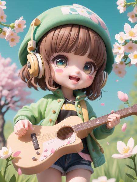 (masterpiece),(best quality),(ultra-detailed), (full body:1.2),1girl,chibi,cute, smile, open mouth,flower, outdoors, playing guitar, music, beret, holding guitar, jacket, blush, tree, :3, shirt, short hair, cherry blossoms, green headwear, blurry, brown hair, blush stickers, long sleeves, bangs, headphones, black hair, pink flower,(beautiful detailed face), (beautiful detailed eyes), <lora:blindbox_v1_mix:1>,