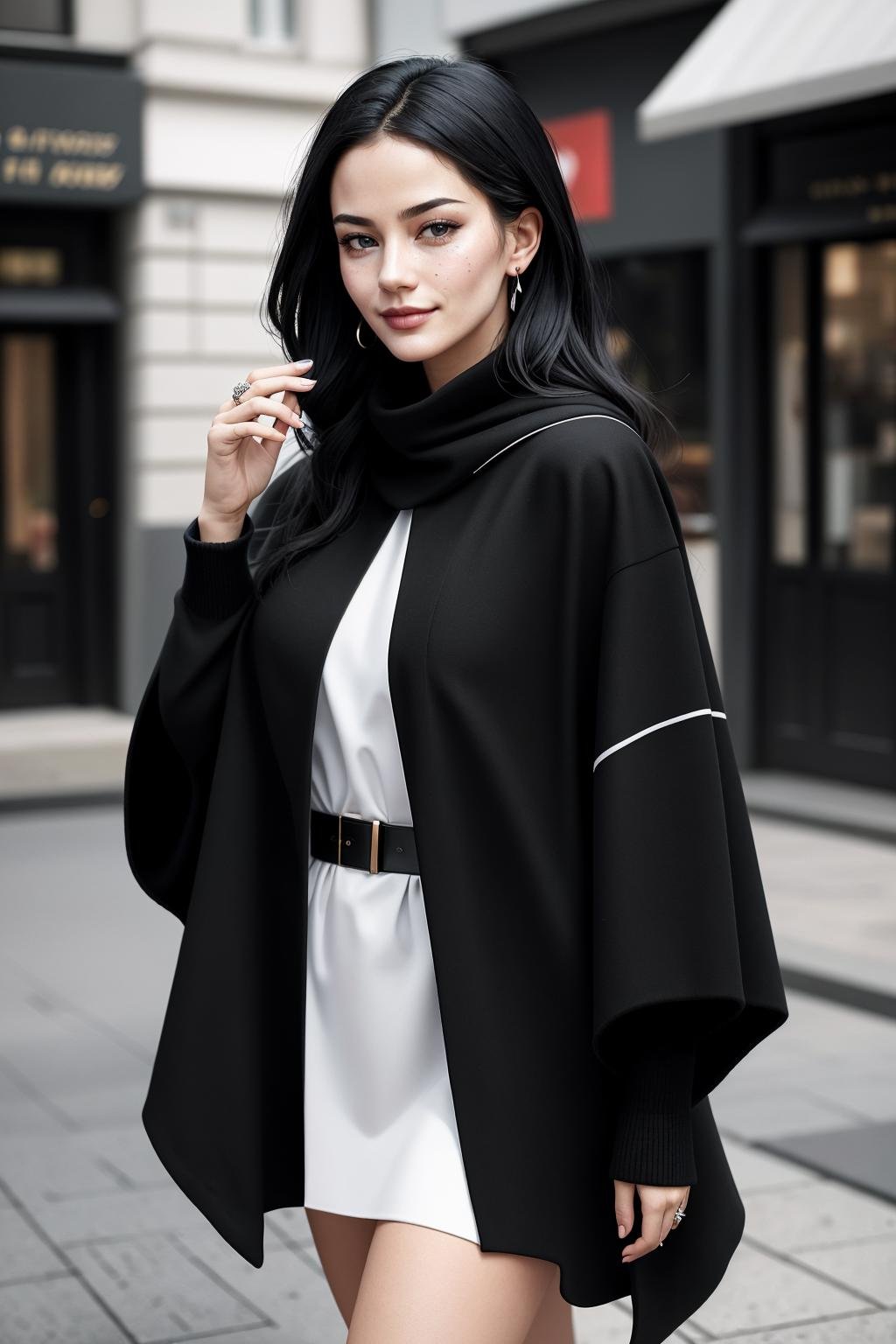 ((Masterpiece, best quality,edgQuality)), smug,smirk,edgADC_fashion, a woman walking down a street wearing a black and white poncho ,wearing edgADC <lora:edgAutumnDressCode:1>