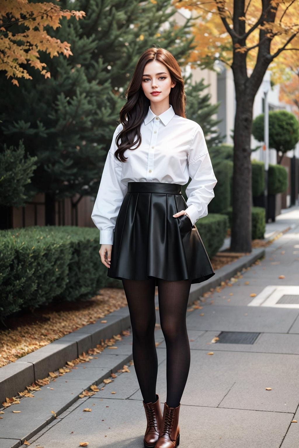 ((Masterpiece, best quality,edgQuality)), smug,smirk,edgADC_fashion, long hair, looking at viewer, skirt, brown hair, shirt, standing, full body, pantyhose, outdoors, shoes, blurry, tree, lips, black pantyhose, red footwear, realistic, hands in pockets, road ,wearing edgADC<lora:edgAutumnDressCode:1>