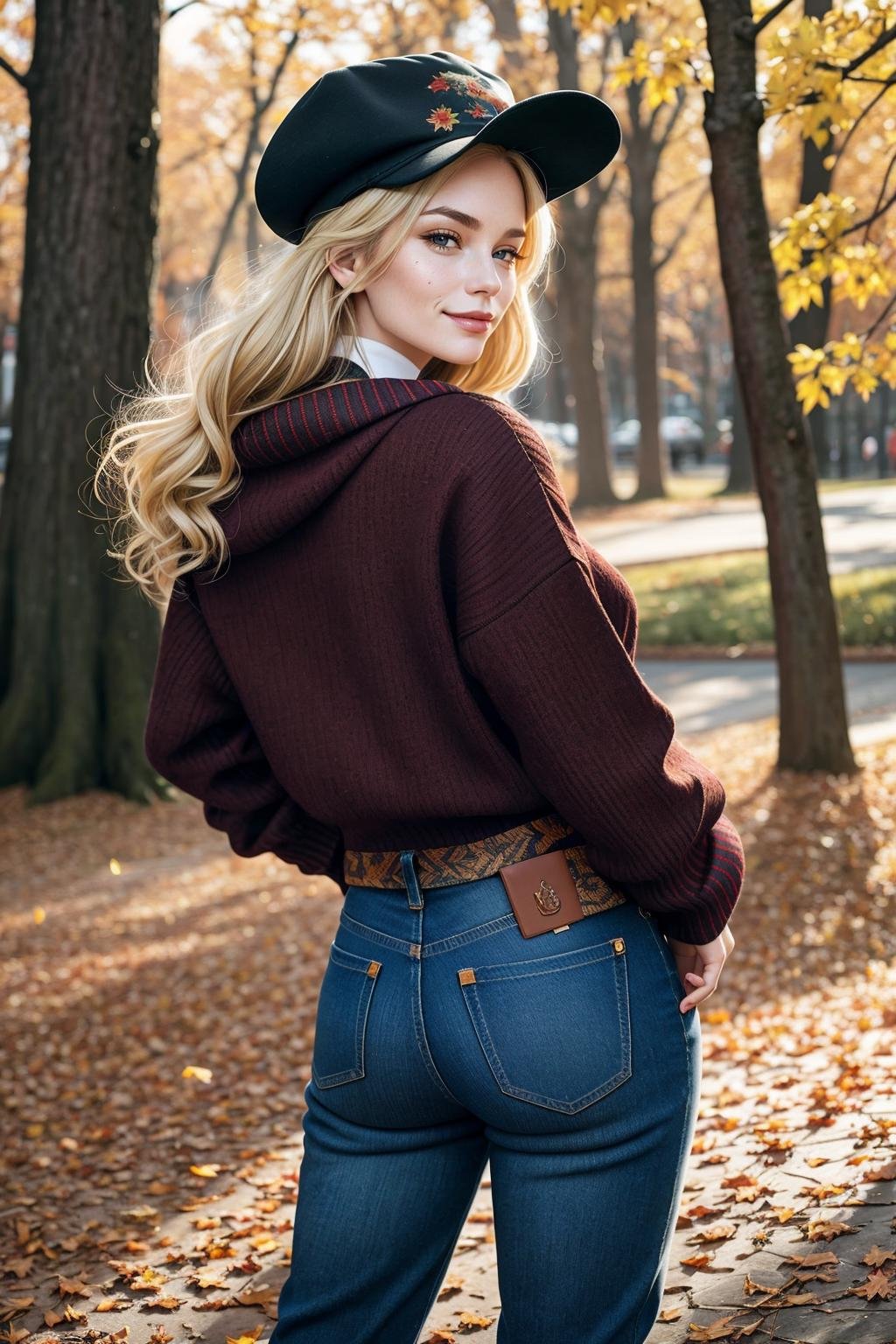 ((Masterpiece, best quality,edgQuality)), smug,smirk,edgADC_fashion, blonde hair, long sleeves, hat, pants, from behind, sweater, tree, leaf print, denim, autumn leaves, jeans, realistic ,wearing edgADC<lora:edgAutumnDressCode:1>