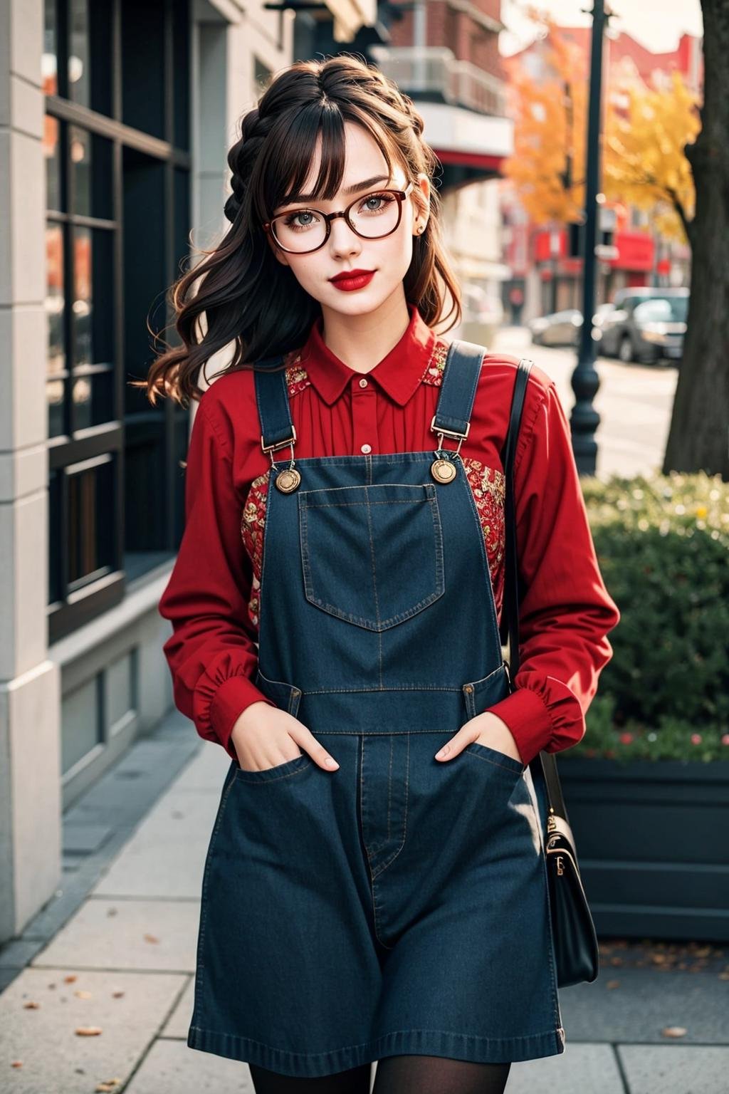 ((Masterpiece, best quality,edgQuality)), smug,smirk,edgADC_fashion, bangs, brown hair, long sleeves, dress, standing, braid, pantyhose, outdoors, glasses, bag, lips, black pantyhose, lipstick, red lips, overalls, photo background ,wearing edgADC<lora:edgAutumnDressCode:1>