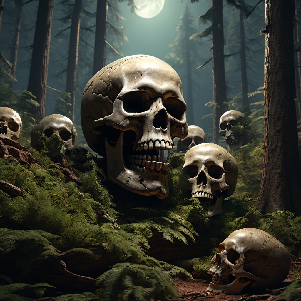 ((best quality)), ((masterpiece)), ((realistic,digital art)), (hyper detailed),DonMH311XL, skull, Woodland Astronomer, octane rendering, raytracing, volumetric lighting, Backlit,Rim Lighting, 8K, HDR, <lora:HellAI_XL-000011:0.8>