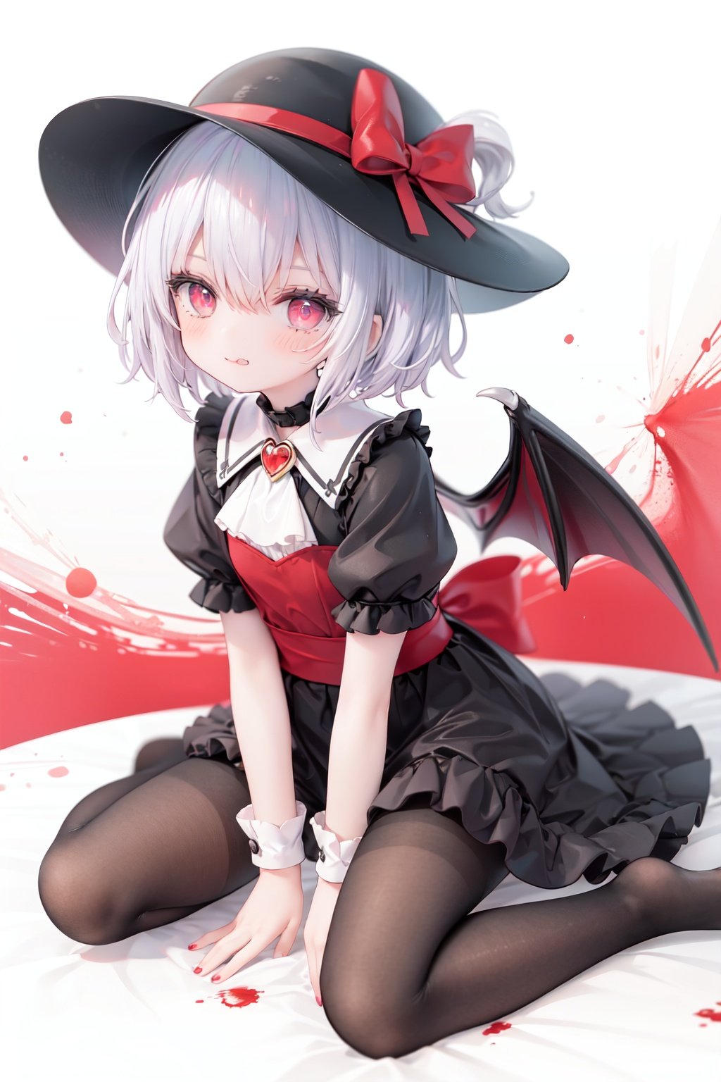 (little girl:1.4), (child:1.4),(petite:1.4), (loli:1.4),,,((solo:1.3)).,1girl, solo, wings, red eyes, hat, remilia scarlet, red background, mob cap, bat wings, ascot, blood, short sleeves, bow, short hair, ribbon, blood on hands, looking at viewer, simple background, full body, puffy sleeves, hat ribbon, blood on face, dress, brooch, red nails, pantyhose, red bow, puffy short sleeves, smile, black pantyhose, wrist cuffs, red ribbon, sitting, jewelry, red ascot, frills, hair between eyes, skirt, white dress, fingernails, sash, shirt, nail polish, no shoes, red theme, sharp fingernails, bangs, tongue, hat bow, grey hair, closed mouth, tongue out, white headwear, slit pupils, blood on clothes, skirt set, hand up, frilled sleeves, invisible chair, white skirt, vampire, frilled shirt collar/.,\nSolo,Battle, {{{{{Slash}}}}},Killing,Attacker,{{Fierce movement}},Ninja,Bloodstain,Core shadow,splatter,{Blood},{{{{Battle scene}}}},angry,Intricate,,{{{Dynamic angle}}},{Stylish pose},{High contrast,Extremely detailed CG unity 8K wallpaper} Sense of movement,blurry background,Kaotic,Lunatic,[[[[[hyper paint, rough design, flat color]]]]],Grin,Whole body,Colorful background,Intricate,Girl wearing black suit,Looking at viewers,{{Stylish}},Persona 5 style art,{{{all out attack(persona 5)}}}