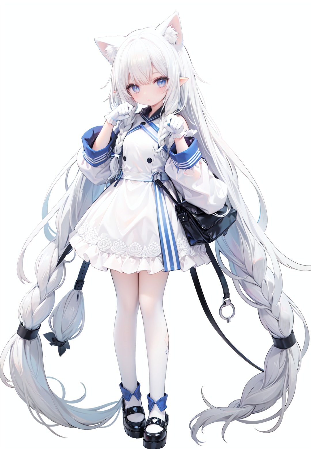 1girl, white_gloves, braid, full_body, gloves, long_hair, official_alternate_costume, pointy_ears, simple_background, solo, standing, very_long_hair, white_background,white hair,blue eyes,paw claw pose, open_mouth,