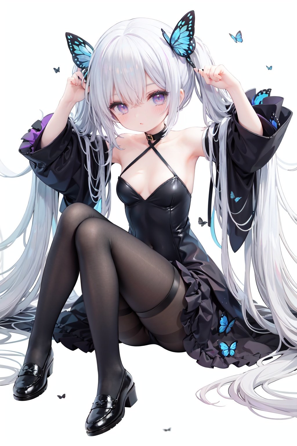 masterpiece, ((best quality)),  dynamic angle, chromatic aberration, ((colorful)),1girl, long hair, solo, very long hair, butterfly, pantyhose, bug, thigh strap, black dress, dress, looking at viewer, white hair, black footwear, blue butterfly, blue eyes, long sleeves, breasts, twintails, detached sleeves, absurdly long hair, bangs, full body, hair ornament, wide sleeves, brown pantyhose, blush, sitting, white background, butterfly hair ornament, small breasts, closed mouth, shoes, purple eyes, black pantyhose, hair between eyes, arms up, covered navel