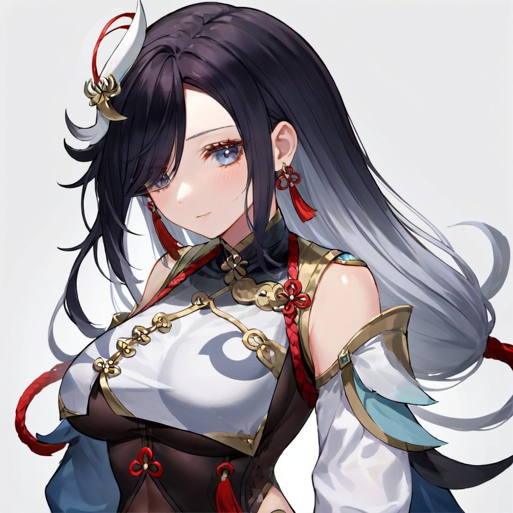 (\shen he\),1girl, solo, long hair, braid, breast curtain, looking at viewer, large breasts, covered navel, tassel, white background, earrings, bodysuit, jewelry, gloves, shoulder cutout, braided ponytail, simple background, very long hair, bangs, black gloves, partially fingerless gloves, parted lips, upper body, eyes visible through hair, gold trim, puffy long sleeves, long sleeves