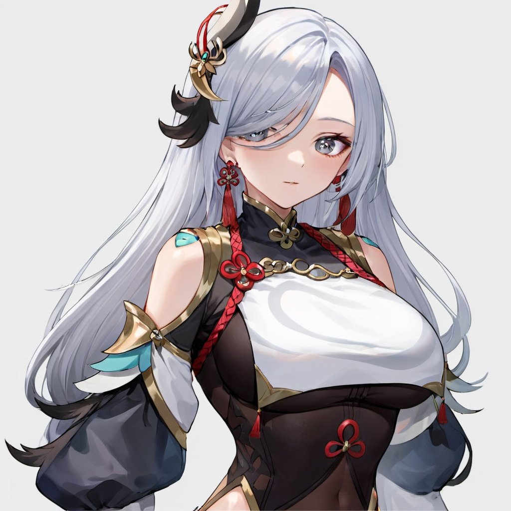 (\shen he\),1girl, solo, long hair, braid, breast curtain, looking at viewer, large breasts, covered navel, tassel, white background, earrings, bodysuit, jewelry, gloves, shoulder cutout, braided ponytail, simple background, very long hair, bangs, black gloves, partially fingerless gloves, parted lips, upper body, eyes visible through hair, gold trim, puffy long sleeves, long sleeves