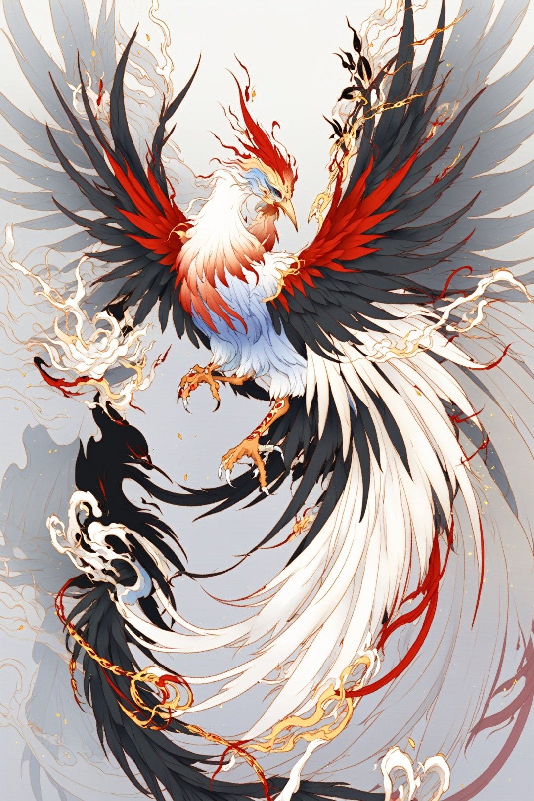 shenshou, no humans, bird, pokemon (creature), white background, talons, solo, cloud, simple background, full body, animal focus, wings, claws, closed mouth, red eyes, blue eyes, beak, flying, smoke, armor, feathered wings