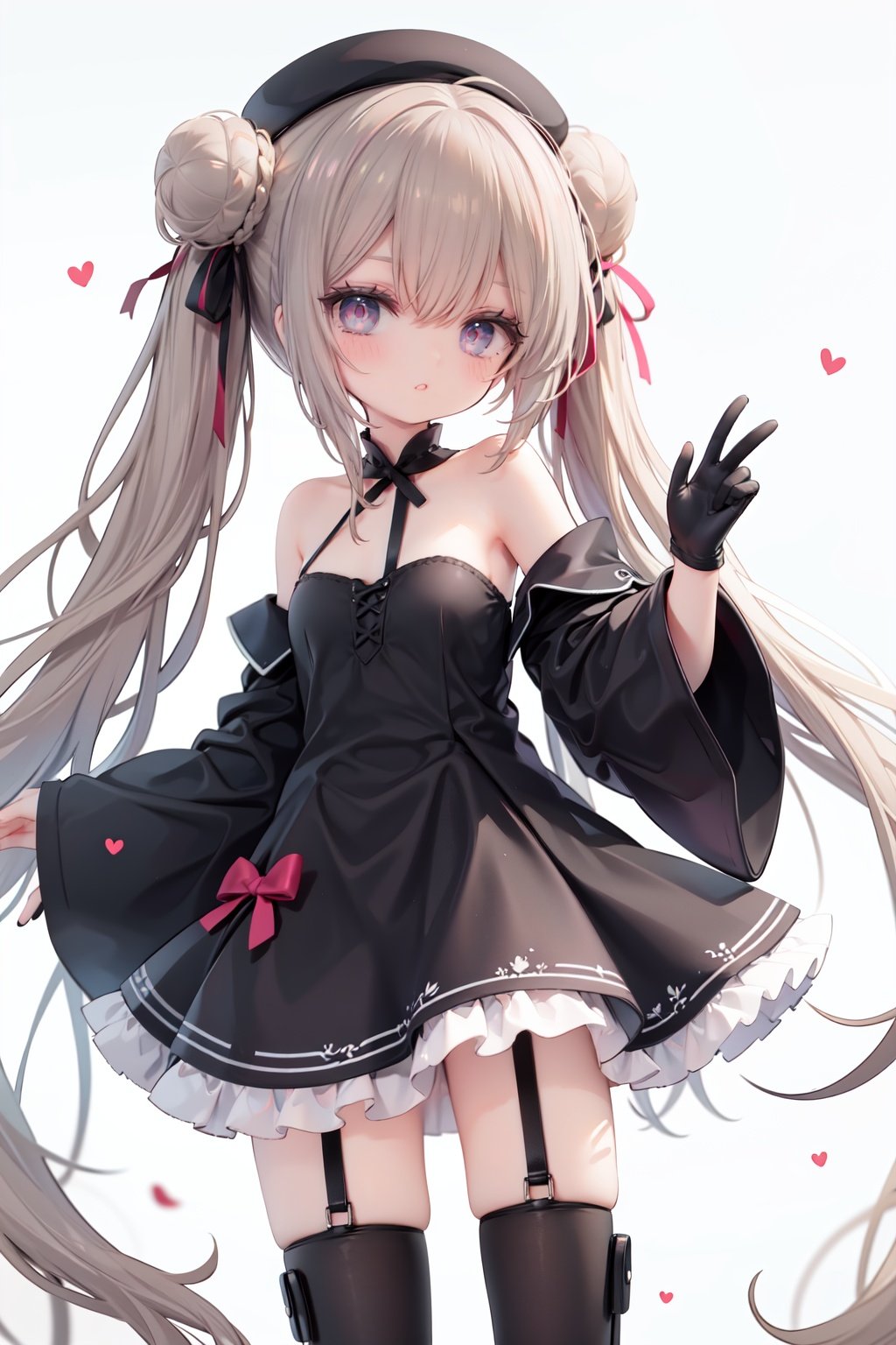 1girl, dress, double bun, hair bun, long hair, black dress, twintails, looking at viewer, smile, hat, bangs, brown hair, white background, solo, open mouth, blush, black headwear, very long hair, garter straps, thighhighs, bare shoulders, beret, :d, ribbon, black gloves, simple background, long sleeves, nail polish, black footwear, red ribbon, bow, gloves, wide sleeves, animal, hair ribbon, boots, red nails, sheath, sheathed, hair between eyes