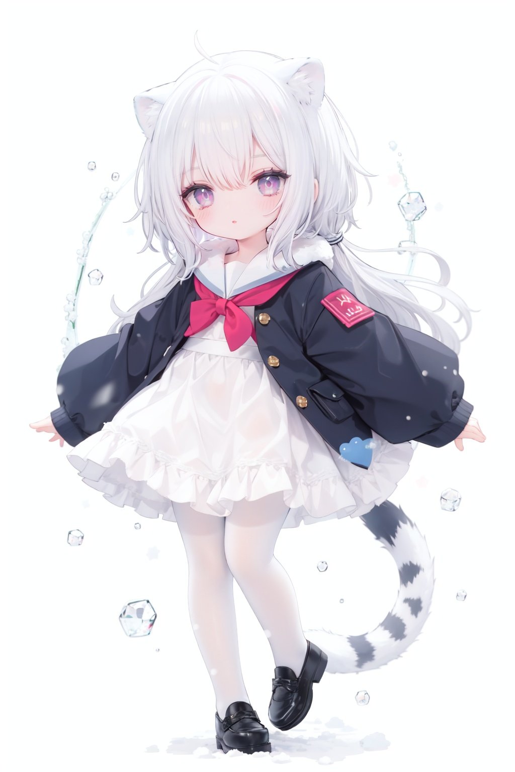 cute,Infant,solo blue shirt,blue sailor coat,loli,full body,white hair,snow leopard ear,white background,pink eyes,laugh,happy,white pantihose,white pantyhose,red armband,