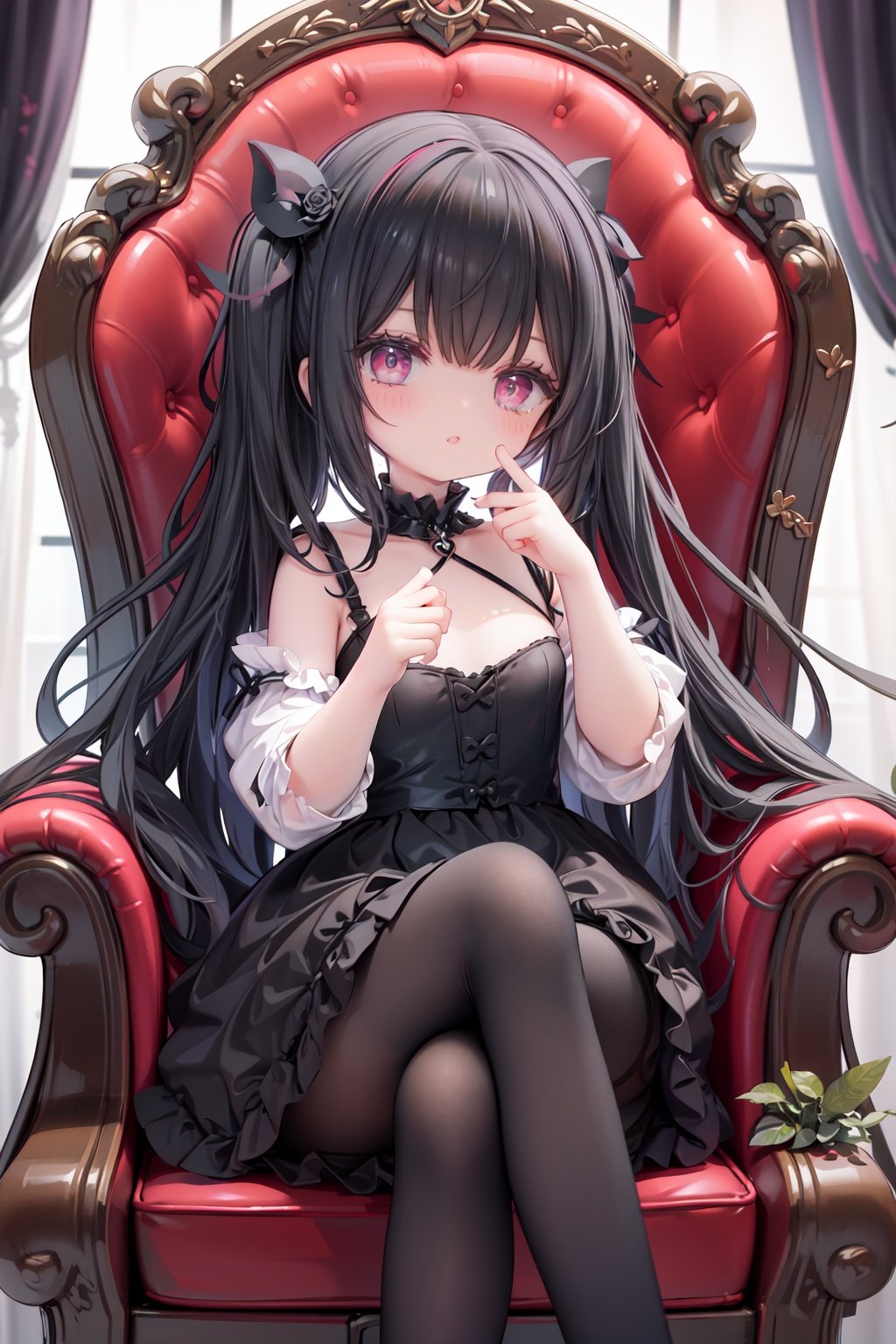 masterpiece, ((best quality)), (ultra-detailed), (illustration), an extremely delicate and beautiful girl, dynamic angle, chromatic aberration, ((colorful)),//,1girls,loli,(petite child:1.1),//,(in Gothic castle),girl with black hair,red eyes,Vertical pupil,long hair,hair arrangement,(Detailed face description),(batwing),(Gothic Lolita),(bat tail),alccandlestick,Cathedral glass,,short skirt,black pantyhose,red lace,high heels,rose tattoo,throne,sitting,crossed legs,//,