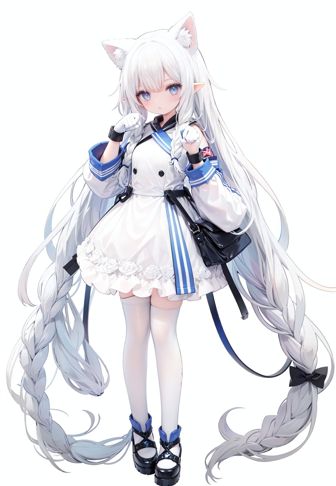 1girl, white_gloves, braid, full_body, gloves, long_hair, official_alternate_costume, pointy_ears, simple_background, solo, standing, very_long_hair, white_background,white hair,blue eyes,paw claw pose, open_mouth,