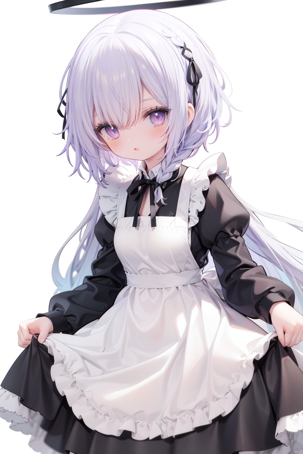 1girl,  solo,  apron,  long hair,  hair over one eye,  white background,  frills,  braid,  halo,  long sleeves,  dress,  simple background,  white hair,  white apron,  puffy sleeves,  very long hair,  frilled apron,  maid,  purple eyes,  ribbon,  parted lips,  maid apron,  bangs,  juliet sleeves,  black dress,  neck ribbon,  looking at viewer,  single braid,  blush