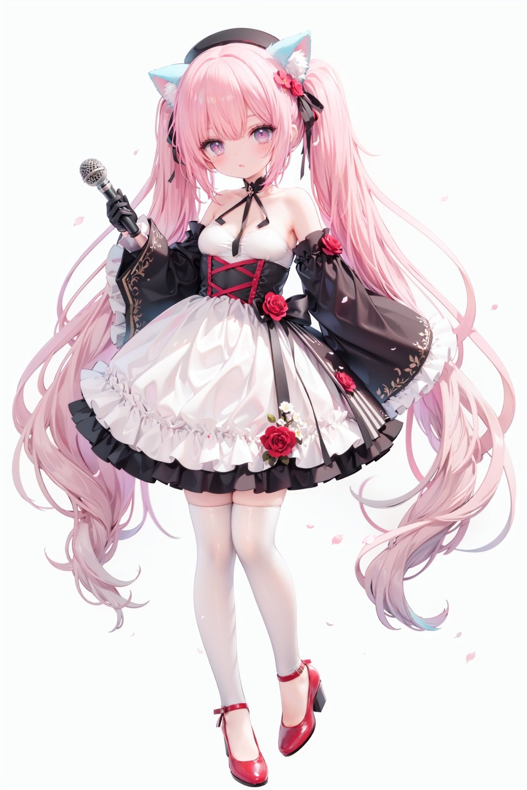 masterpiece, ((best quality)),  dynamic angle, chromatic aberration, ((colorful)),1girl, solo, flower, thighhighs, white thighhighs, gloves, red footwear, long hair, detached sleeves, animal ears, rose, blonde hair, looking at viewer, full body, hat, high heels, petals, dress, standing, twintails, wide sleeves, holding, shoes, frills, red flower, cat ears, bangs, microphone, long sleeves, white flower, hair ornament, white gloves, zettai ryouiki, bare shoulders, pink eyes, frilled dress, small breasts, breasts, closed mouth, skirt, beret, white headwear, very long hair, red eyes, red rose, white dress, blush, ribbon, black gloves, animal ear fluff, hair flower, pink flower