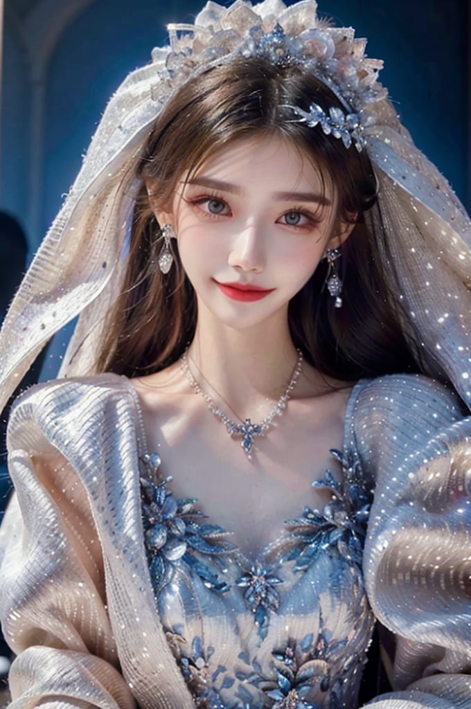 ((Good anatomical structure)), HDR, UHD, 8K, A real person, Highly detailed, best quality, masterpiece, 1girl, realistic, Highly detailed, (EOS R8, 50mm, F1.2, 8K, RAW photo:1.2), ultra realistic 8k,hunsha, 1girl, veil, solo, jewelry, bridal veil, black hair, realistic, earrings, necklace, bride, looking at viewer, smile, red lips,wukelan