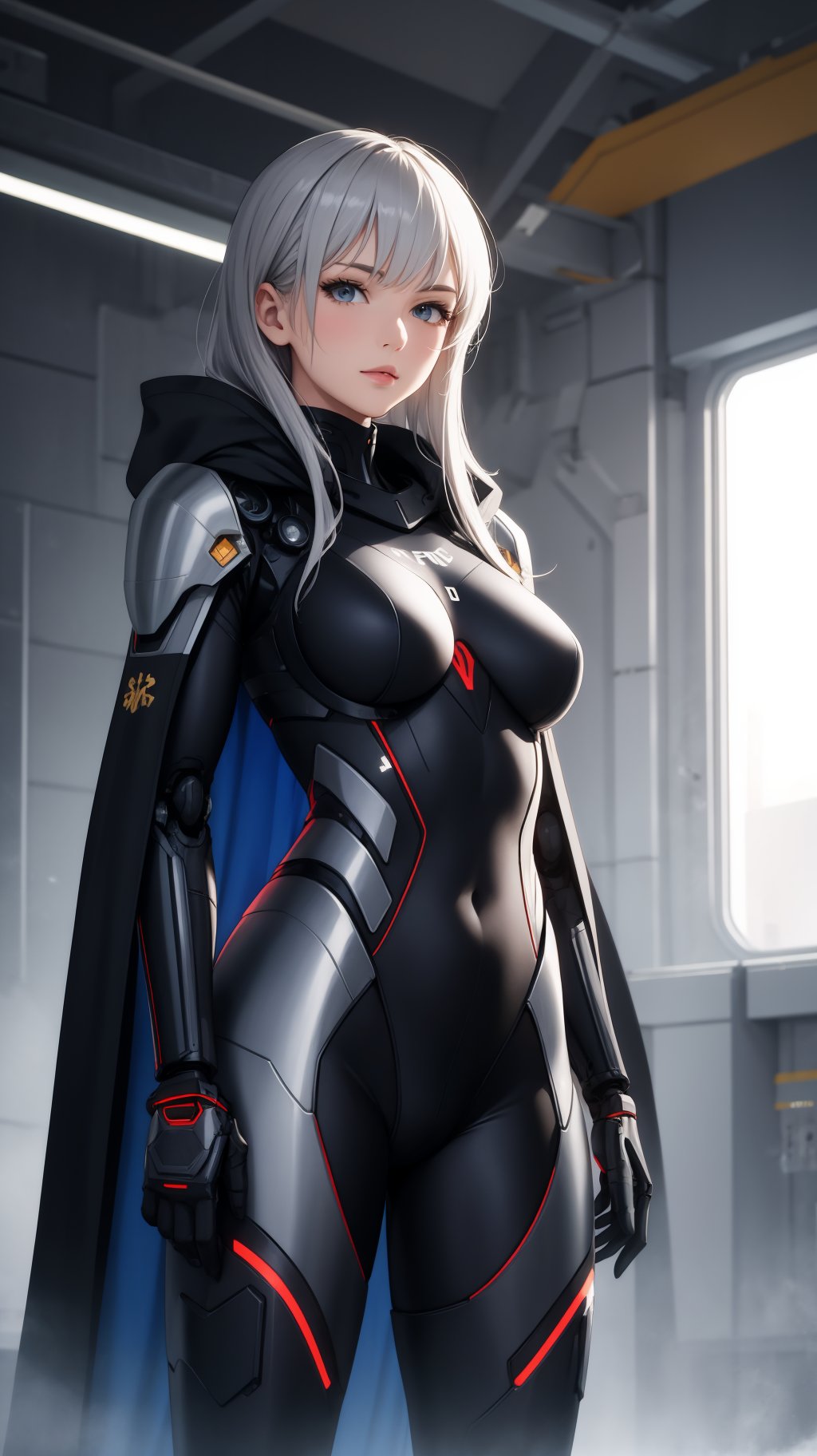 (masterpiece, best quality), 1girl, BREAK android, (grey cybersuit), (black upper armor), mechanical arms, machinery, prosthesis, solo, silver hair, long hair, cloak, BREAK looking at viewer, hand on hip, 