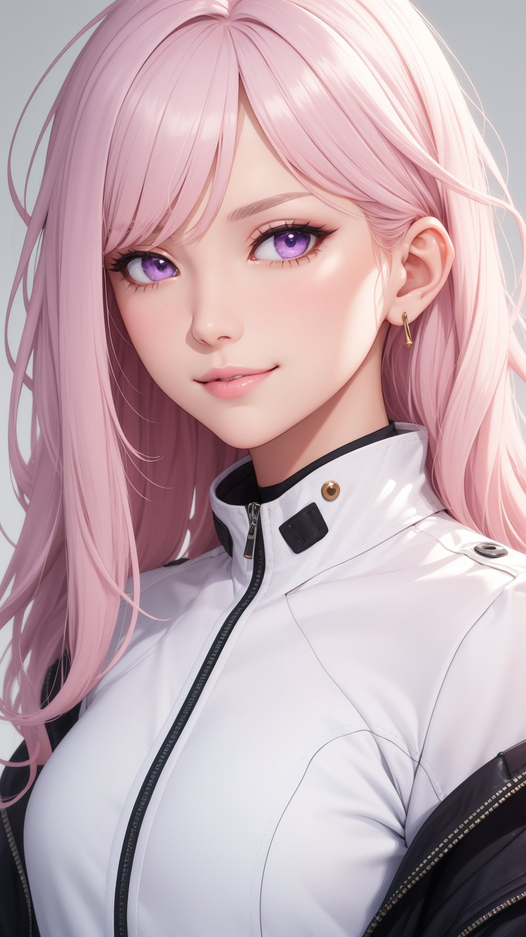 (masterpiece, best quality), intricate details, thin, ((slim)), beautiful girl, mature female, Light pink hair, white skin, light purple eyes, sharp jawline, cropped jacket, messy hair, lips, upper body, close up, smirk