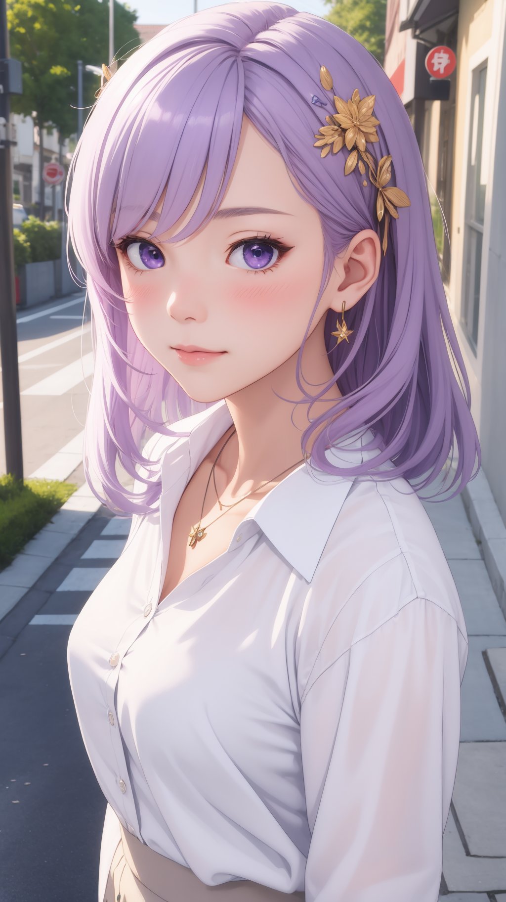 (masterpiece, best quality), 1girl, light purple hair, medium breasts, (white shirt with button:1.1),  hairpin, necklace, blush, sidewalk, detailed face, (portrait:1.4)