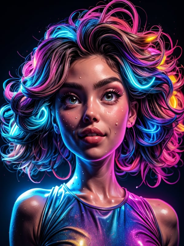 ((masterpiece, best quality, highres:1.2)) centered, close up, 1girl, young, multicolored haire, flowing hair, long hair, glossy lips, crazy smale, glowing multicolored eyes, looking at the camera, dual tone light source, colorful set, back light, body up, make up, glow sparkle, light summer dress, wite dress, water drops in skin,3DMM