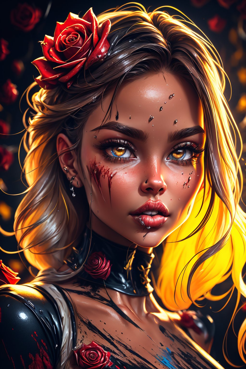 Abstract, (plaint splash:0.6),((colorfull portrait 1girl)), (glowing veins), (((painting splashes))), ((lomasterpiece:1.2)), best quality, (bright scarlet roses:1.4), masterpiece, highres, unrealistic, extremely detailed wallpaper, perfect lightning, absurdres, (extremely detailed CG:1.2), vibrant details