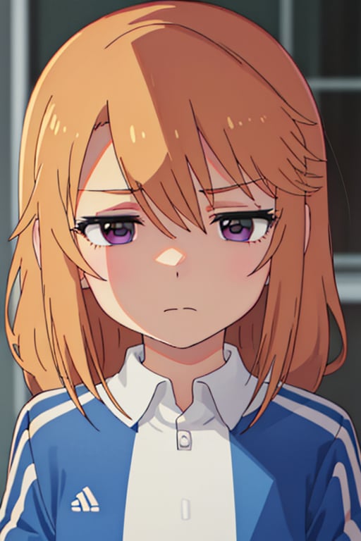 yuki_haru_theidolmastercinderellagirlsu149, orange_hair, purple_eyes, long_hair, bangs, blonde_hair, hair_between_eyes,1girl,face focus,cropped,sanpaku eyes,Jig eyes,anger,eye focus,small pupil,center parted bangs,upper body,surly,looking at viewer,half-closed_eyes,expressionless,empty eyes,jitome,soccer uniform