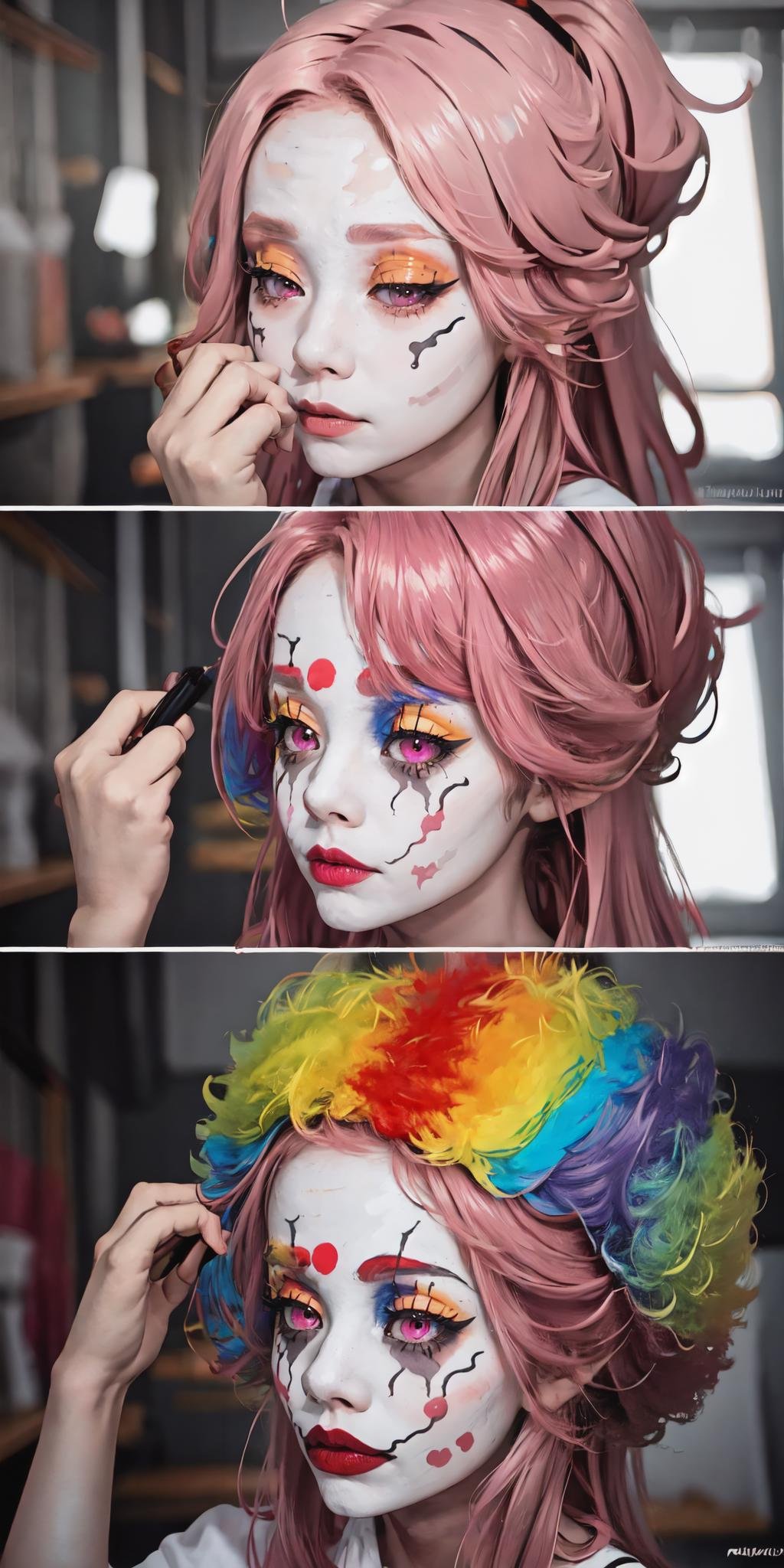 Highly detailed, High Quality, Masterpiece, beautiful, 1girl, IncrsClownMakeupMeme, <lora:PuttingOnClownMakeupMeme-10:1>, yae miko, <lora:Char_GenshinImpact_YaeMiko:0.75>, pink hair, pink eyes, rainbow hair, 