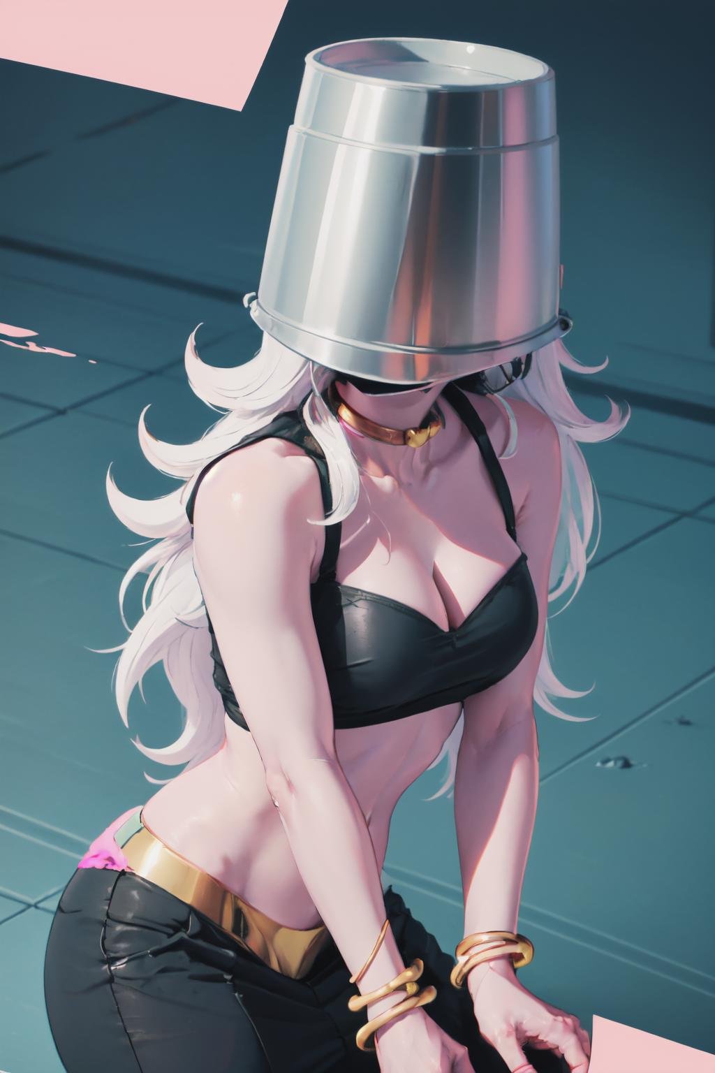 Highly detailed, High Quality, Masterpiece, beautiful, IncrsSMRCMeme, <lora:SailorMoonRedrawChallengeMeme:1>, ma21, pink skin, tube top, bracelet, <lora:Char_DragonBall_Android21:0.9>, bucket on head, covered face, <lora:Looks_BucketOnHead:1>