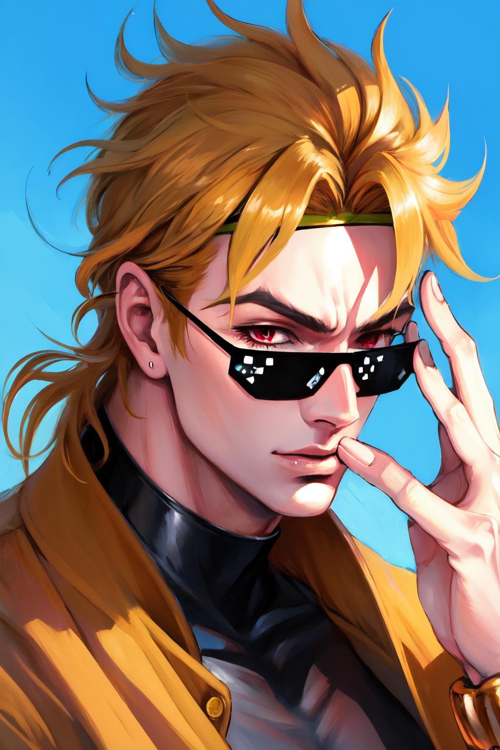 Highly detailed, High Quality, Masterpiece, beautiful, DealWithIt, <lora:DealWithIt:1>, solo, close-up, dio, jacket, headband,  <lora:Char_Sigmas_Dio:0.9>