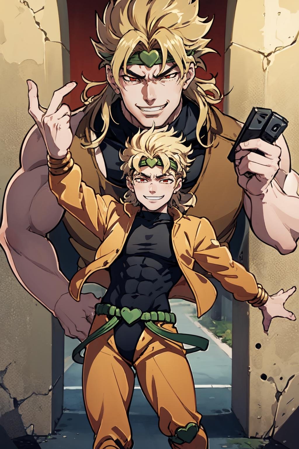 Highly detailed, High Quality, Masterpiece, beautiful, IncrsAnyasHehFaceMeme, grin, <lora:AnyasHehFaceMeme:1>, dio, jacket, pants, headband,  <lora:Char_Sigmas_Dio:0.9>