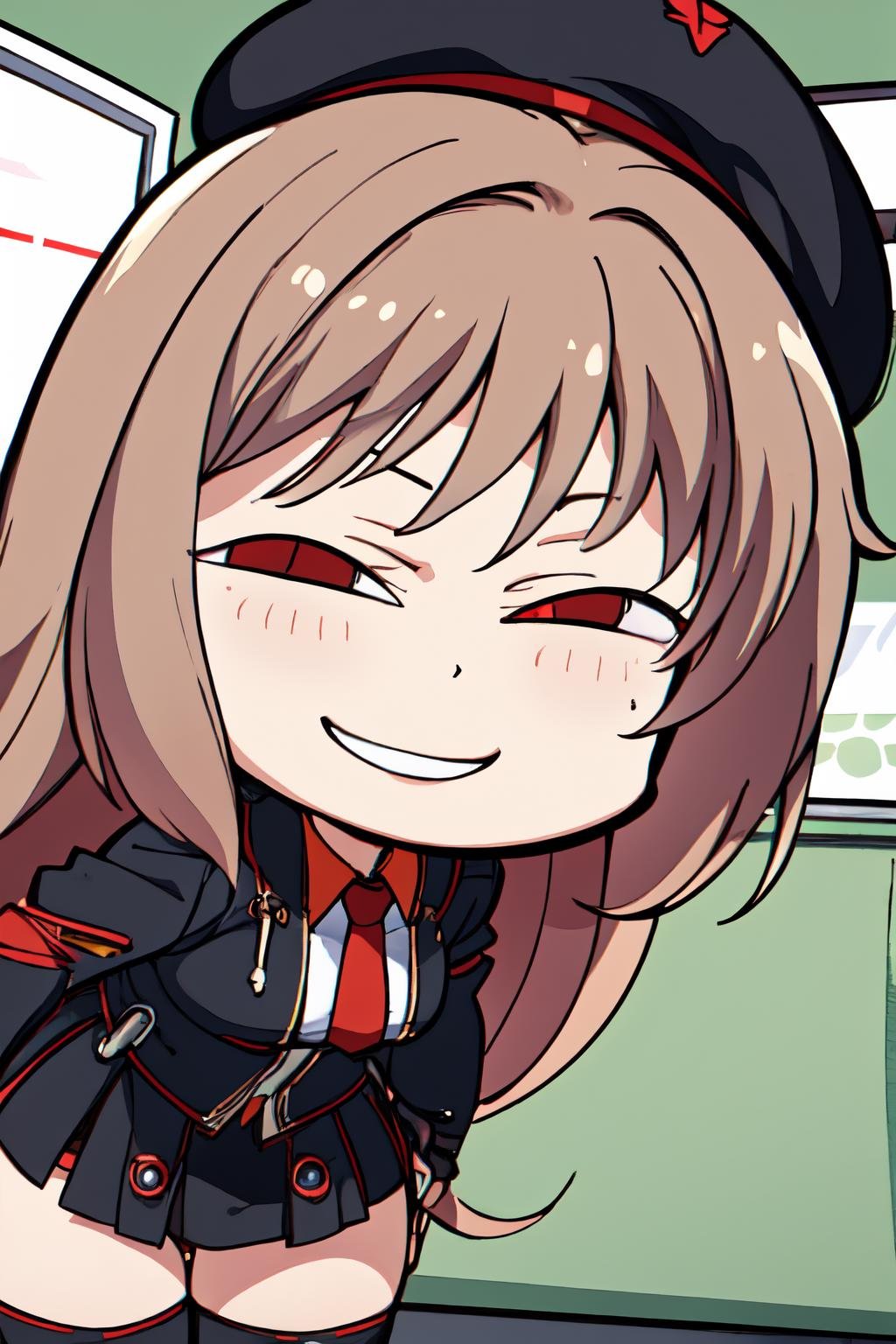 Highly detailed, High Quality, Masterpiece, beautiful, IncrsAnyasHehFaceMeme, grin, smug, <lora:AnyasHehFaceMeme:1>, rapi \\(nikke\\), rapidef, red eyes, hat, skirt, side slit, thigh highs, <lora:Char_NIKKE_Rapi:0.9>, ((chibi)), <lora:Style_Chibi:1>