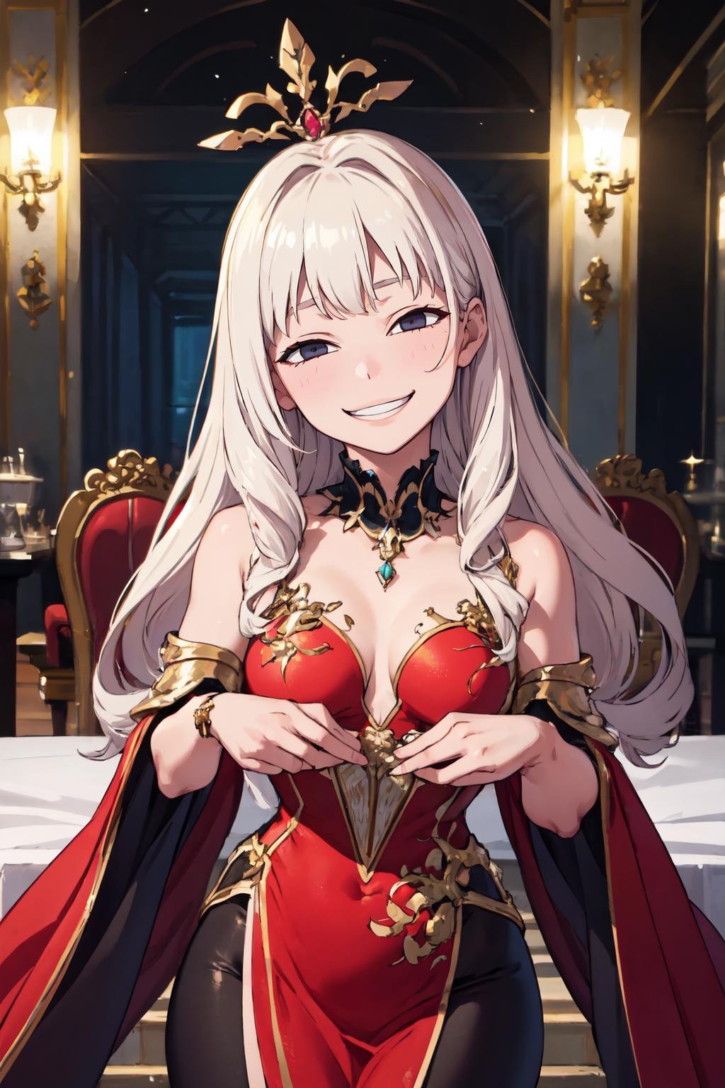 Highly detailed, High Quality, Masterpiece, beautiful, IncrsAnyasHehFaceMeme, grin, <lora:AnyasHehFaceMeme:1>, hc_gown, wearing hc_gown, <lora:Outfit_HauteCoutureGowns:0.7>