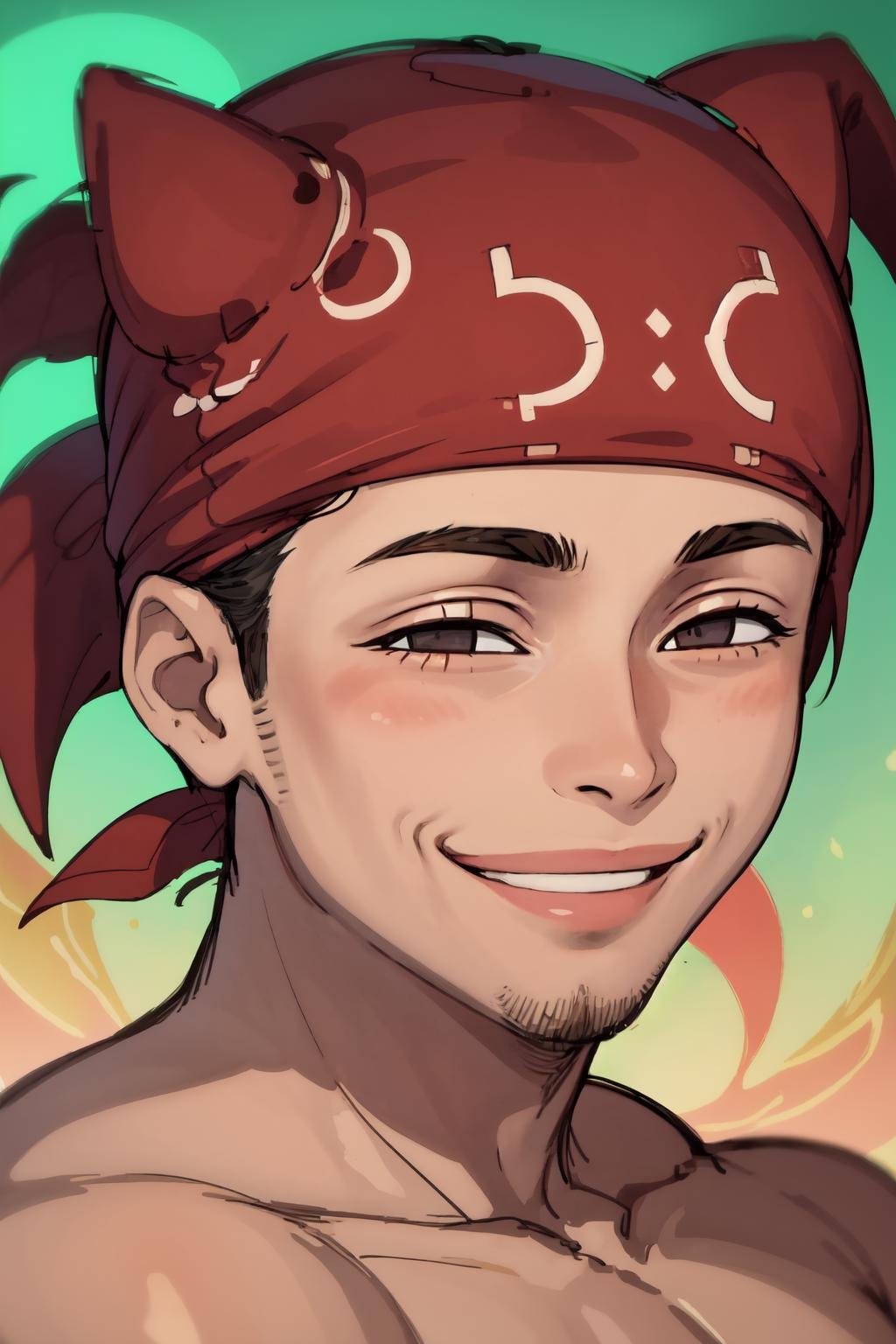 Highly detailed, High Quality, Masterpiece, beautiful, IncrsAnyasHehFaceMeme, grin, <lora:AnyasHehFaceMeme:1>, Ricardo, red bandana on the head, <lora:Char_Sigmas_RicardoMilos:0.9>