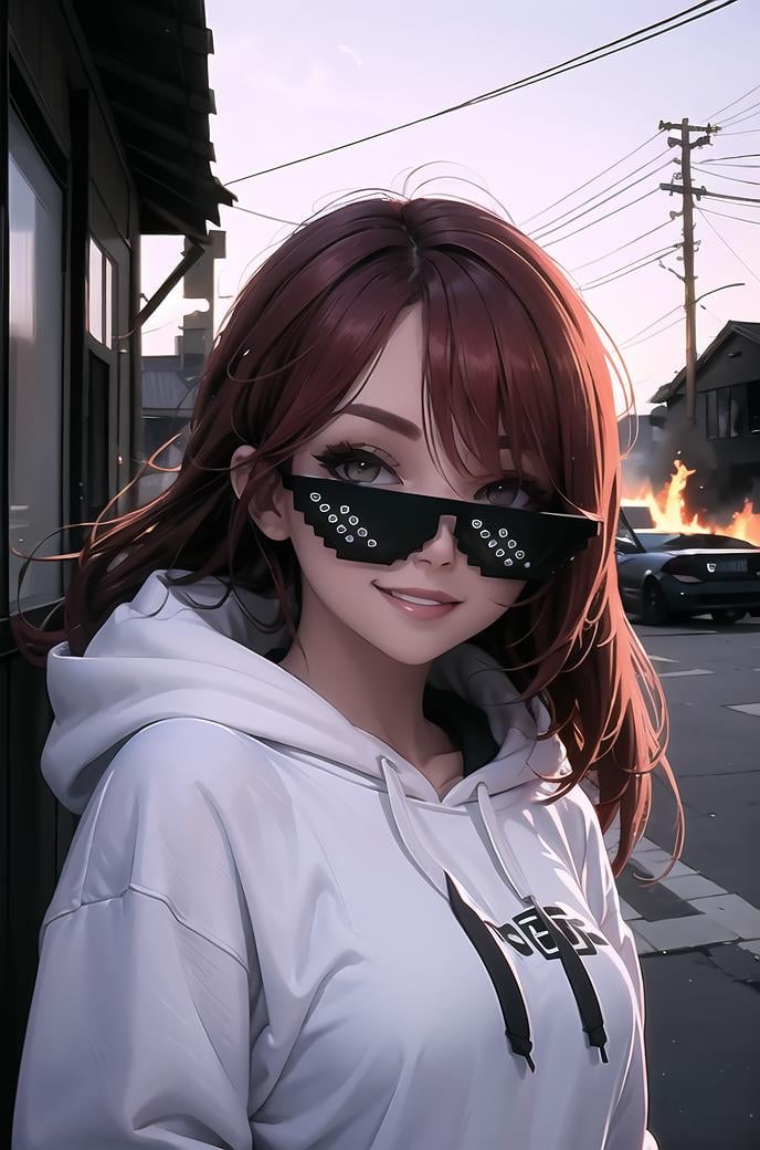 Highly detailed, High Quality, Masterpiece, beautiful, incrsdealwithit, sunglasses, <lora:DealWithIt2:1>, 1girl, red hair, long hair, smiling , outdoors, afternoon, dusk, Bokeh, sunglasses, hoodie, smug, burning house behind,