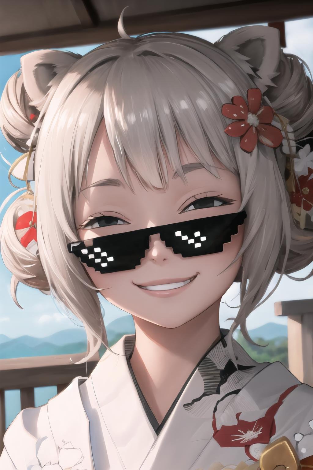 Highly detailed, High Quality, Masterpiece, beautiful, incrsdealwithit, sunglasses, <lora:DealWithIt2:1>, Botan, BotanKimono, hair ornament, hair flower, double bun, <lora:Char_VTuber_ShishiroBotan:0.8>, IncrsAnyasHehFaceMeme, grin, smug, <lora:Pos_AnyasHehFaceMeme:1>