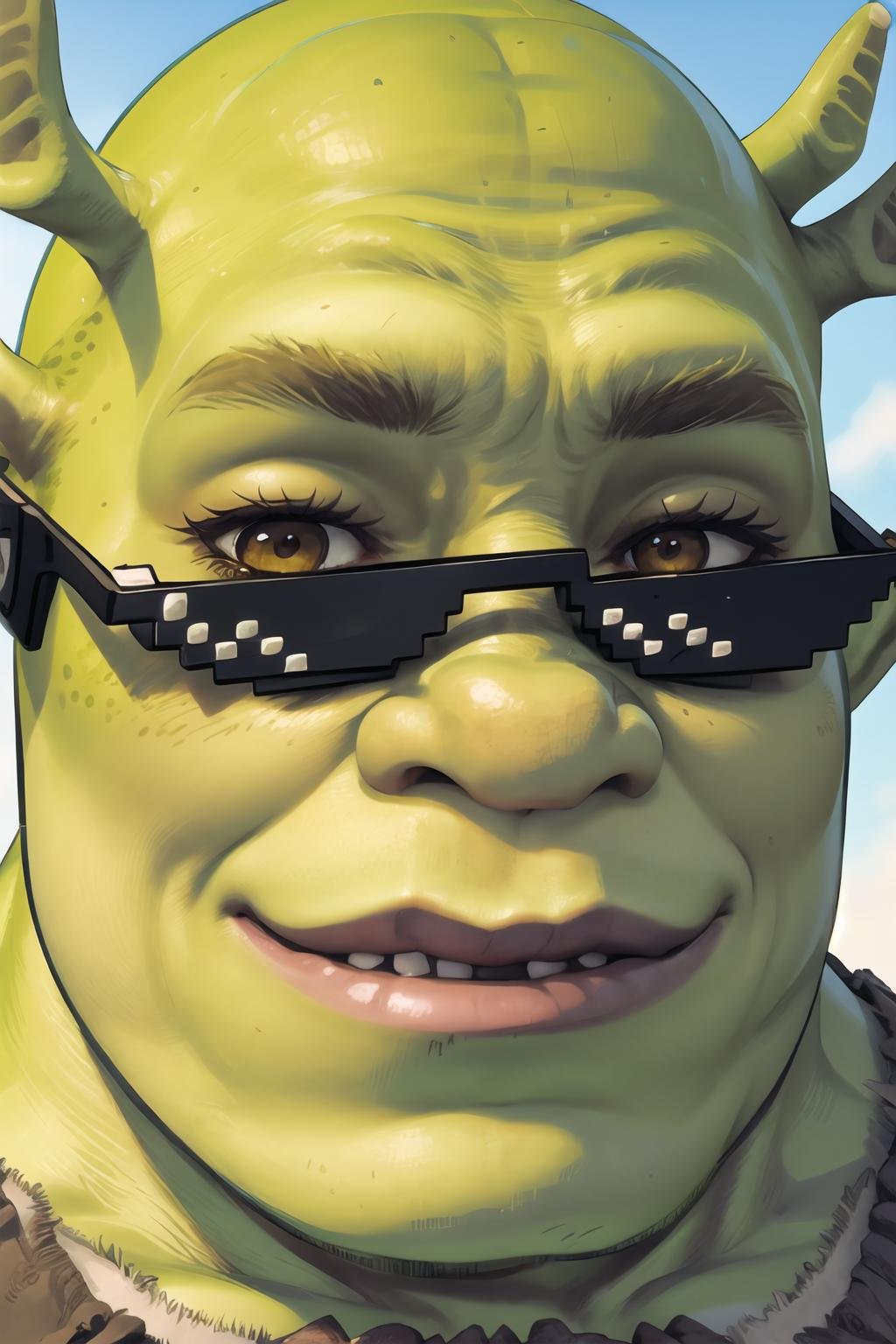 Highly detailed, High Quality, Masterpiece, beautiful, incrsdealwithit, sunglasses, <lora:DealWithIt2:1>, shrex, green skin, ogre, shrek, <lora:Char_Sigmas_Shrek:0.9>, 1boy, smug, smirk, 