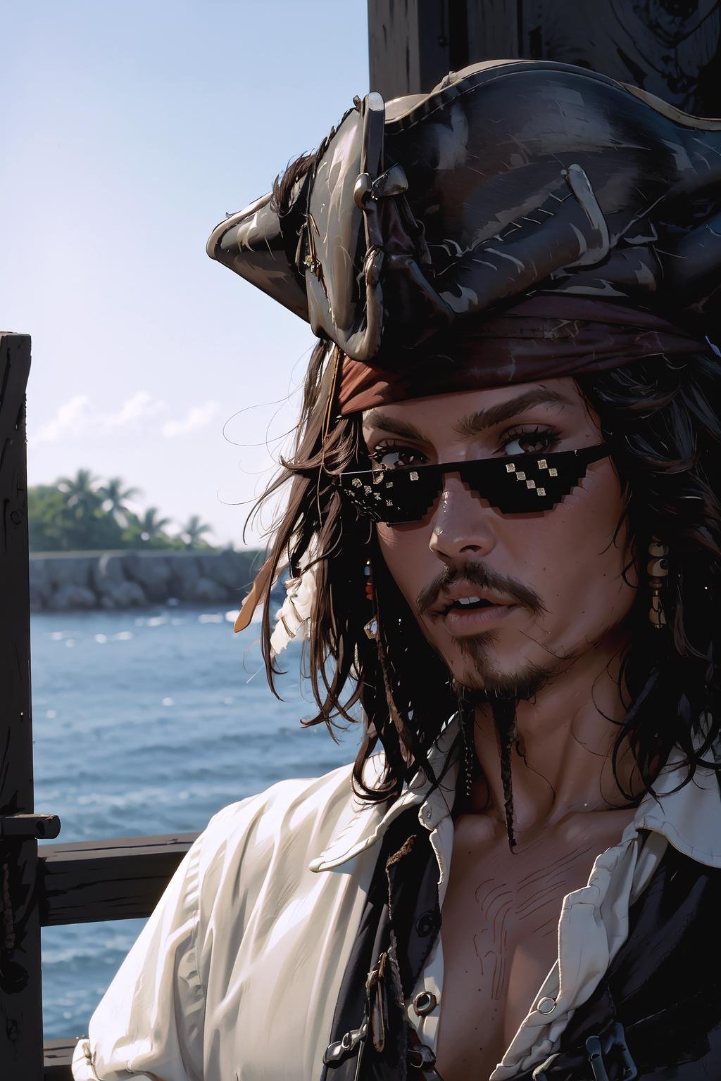 Highly detailed, High Quality, Masterpiece, beautiful, incrsdealwithit, sunglasses, <lora:DealWithIt2:1>, jack sparrow, brown eyes, hat, brown hair, earrings, hat, pirate, jewelry, shirt, short hair, white shirt,  <lora:Char_Sigmas_JackSparrow:1>, cowboy shot,