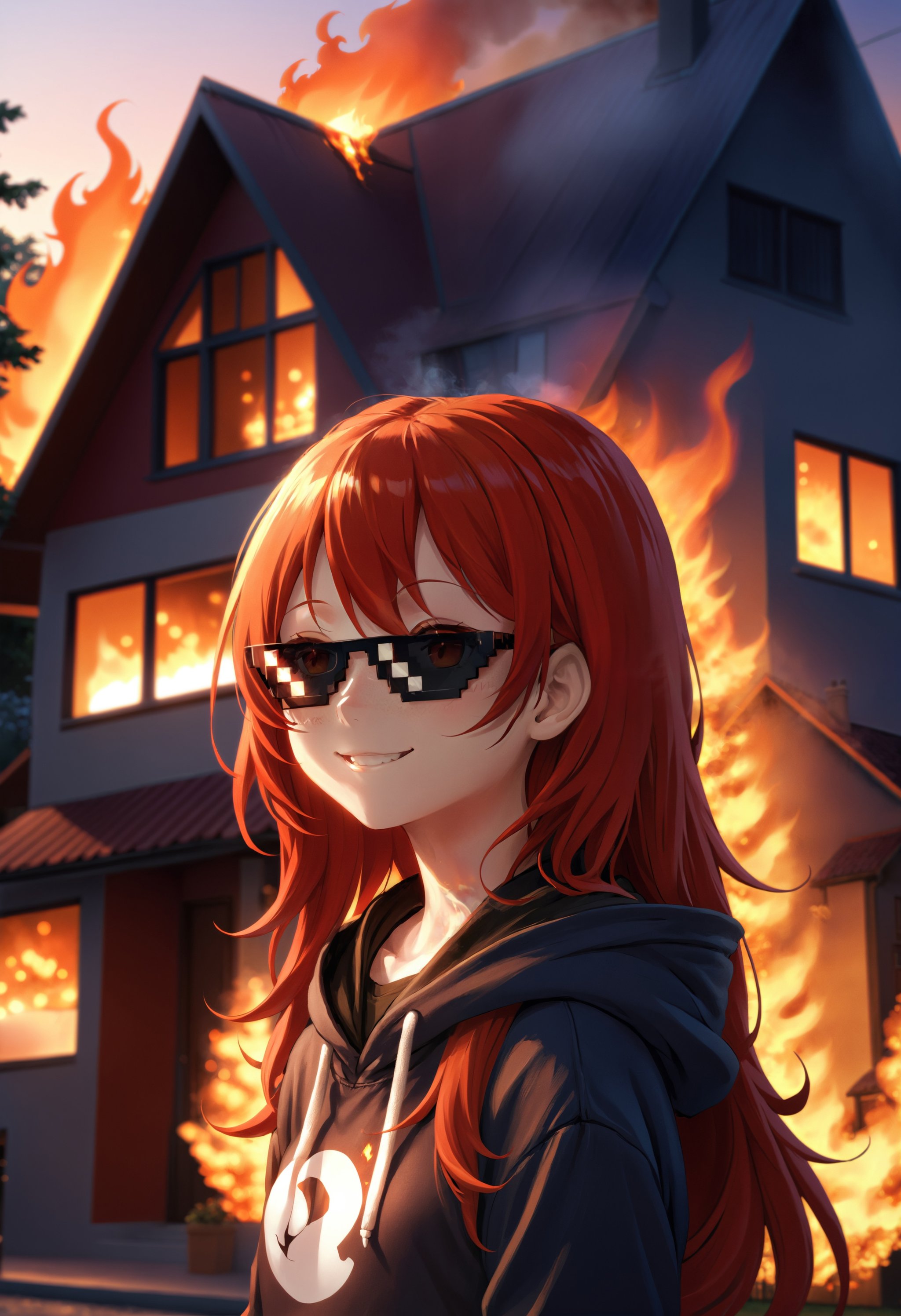 IncrsXLDealWithIt, anime, 1girl, red hair, long hair, smiling , outdoors, afternoon, dusk, Bokeh, sunglasses, hoodie, smug, burning house behind,