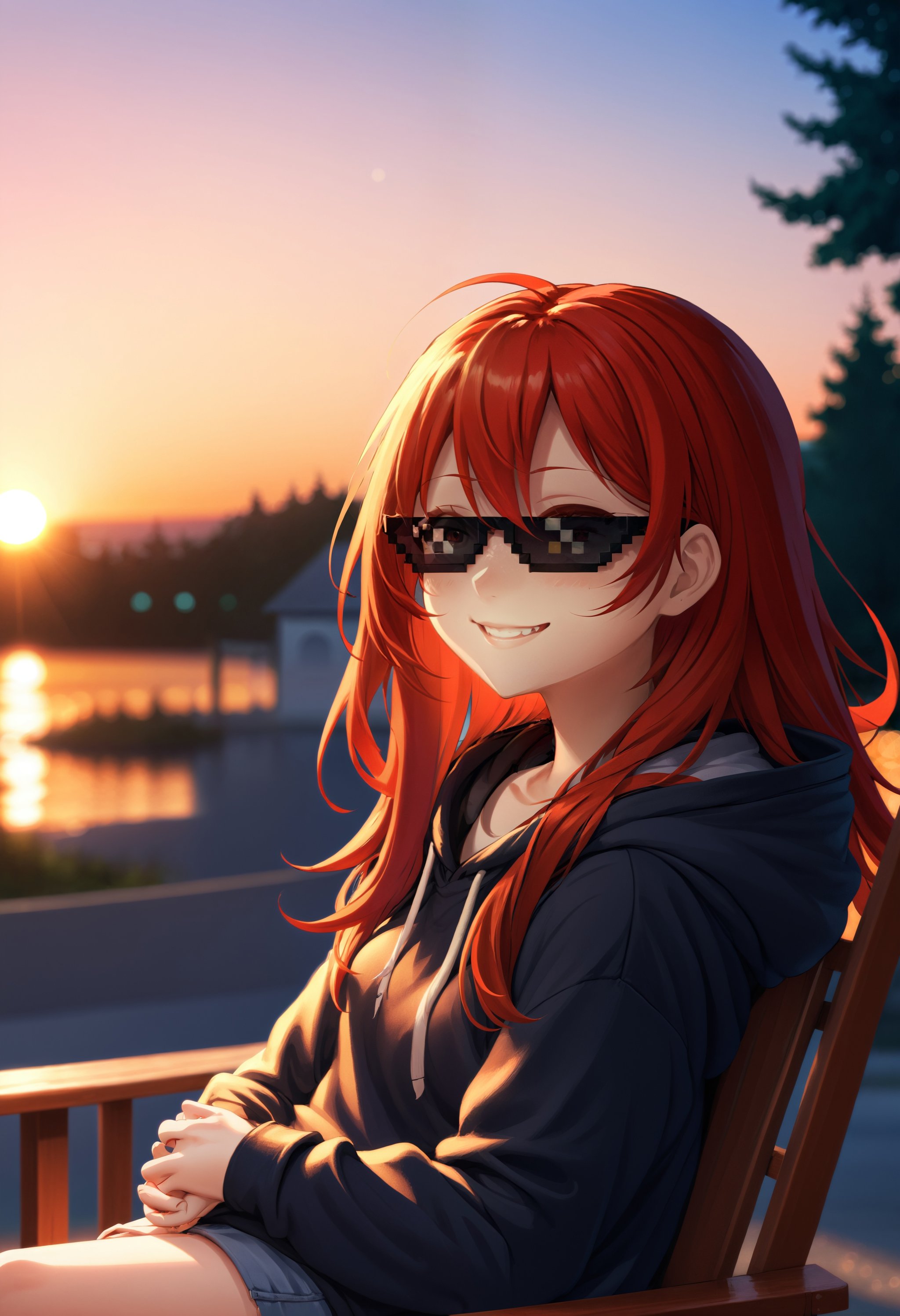 IncrsXLDealWithIt, anime, 1girl, red hair, long hair, smiling , outdoors, afternoon, dusk, scenery, Bokeh, sunglasses, hoodie, sitting on chair, smug,