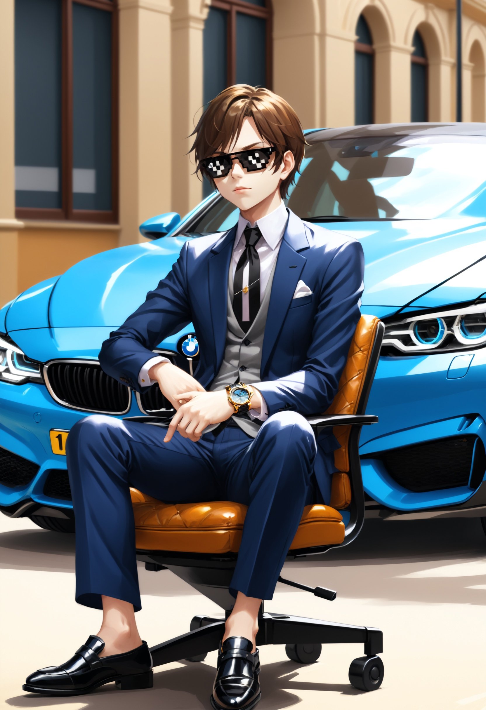 (IncrsXLDealWithIt:1.1),sunglasses, anime, 1boy, rich richy sitting on his herman miller chair on front of his expensive bmw, wearing expensive watch, expensive clothes