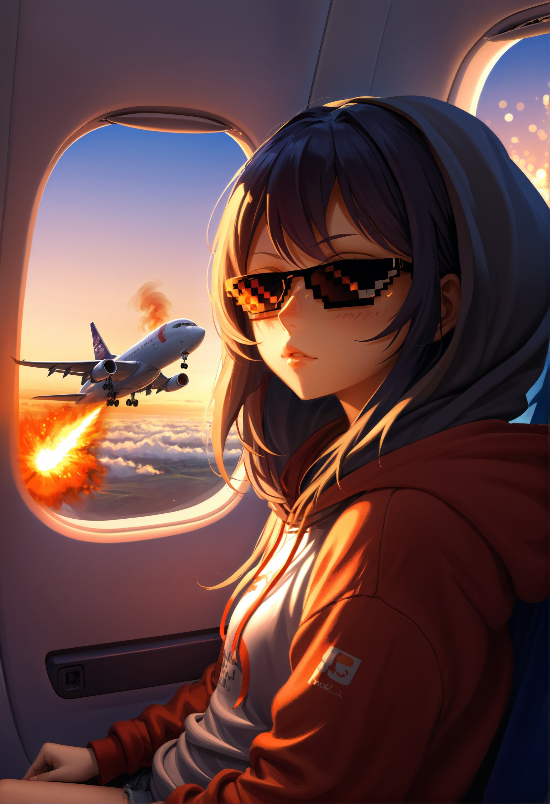 IncrsXLDealWithIt, anime, 1girl, sitting on airplane, afternoon, dusk, Bokeh, hoodie, smug, burning airplane engine seen from window,