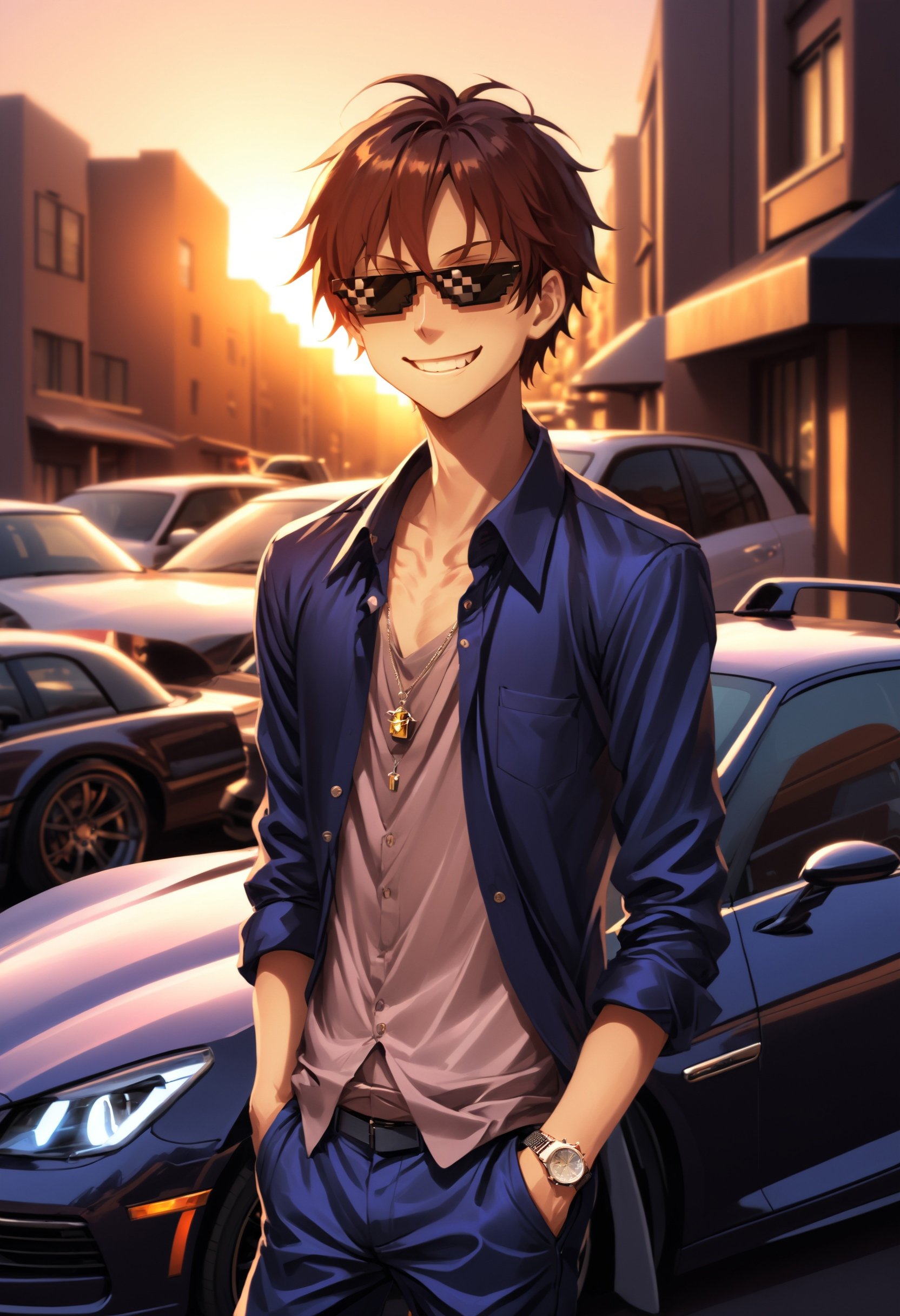 (IncrsXLDealWithIt:1.1),sunglasses, anime, 1boy, nice shiny clothes, afternoon, dusk, smug, hands in pockets, wide smile, golden smile, expensive watch, on front of expensive car,