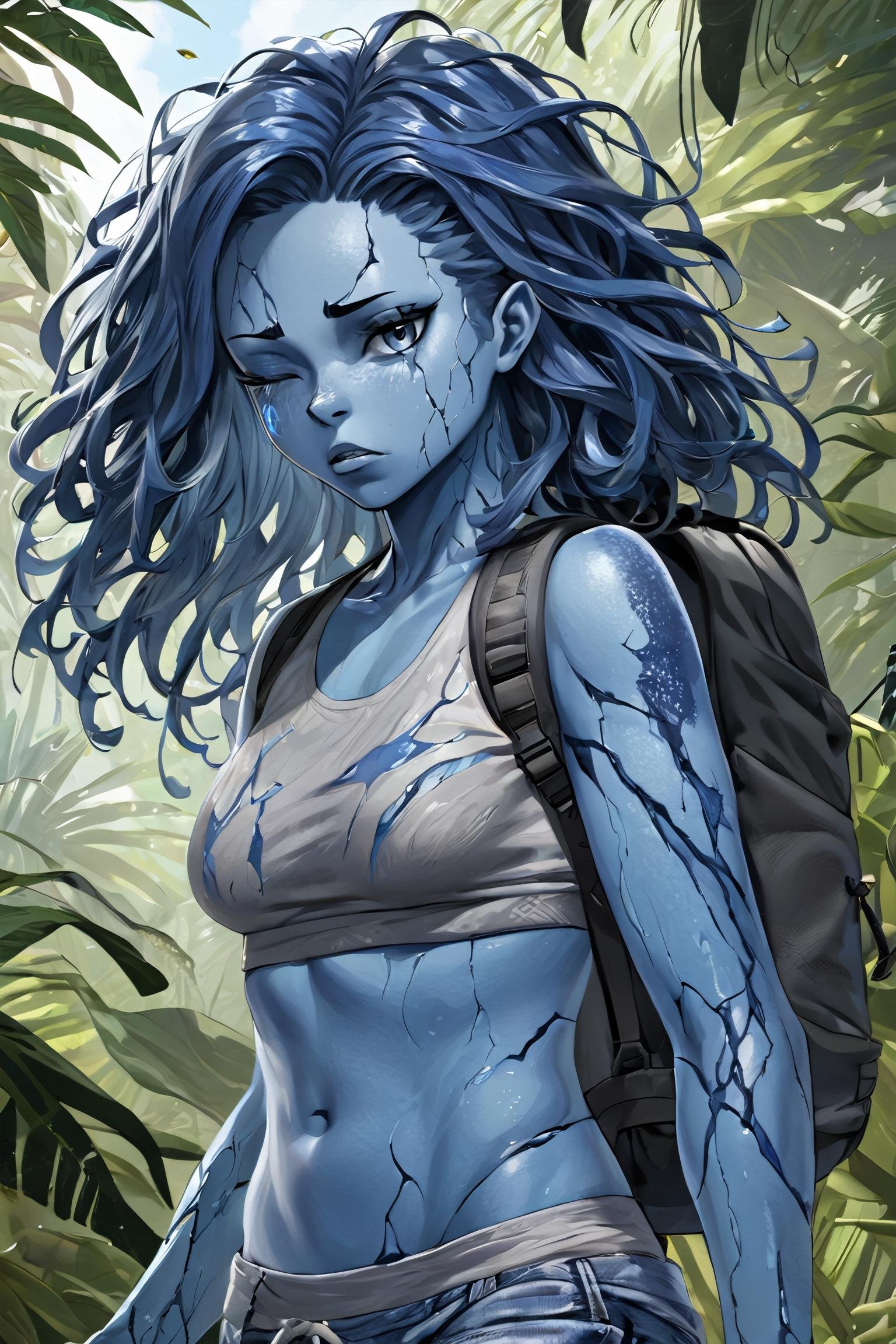 Highly detailed,  High Quality,  Masterpiece,  beautiful,  IncrsXLRanni,  wavy hair,  (blue skin:1.3),  cracked skin,  jungle,  crop top,  angry,  sweat,  exploration,  embarrassed,  backpack, <lora:EMS-40853-EMS:0.900000>