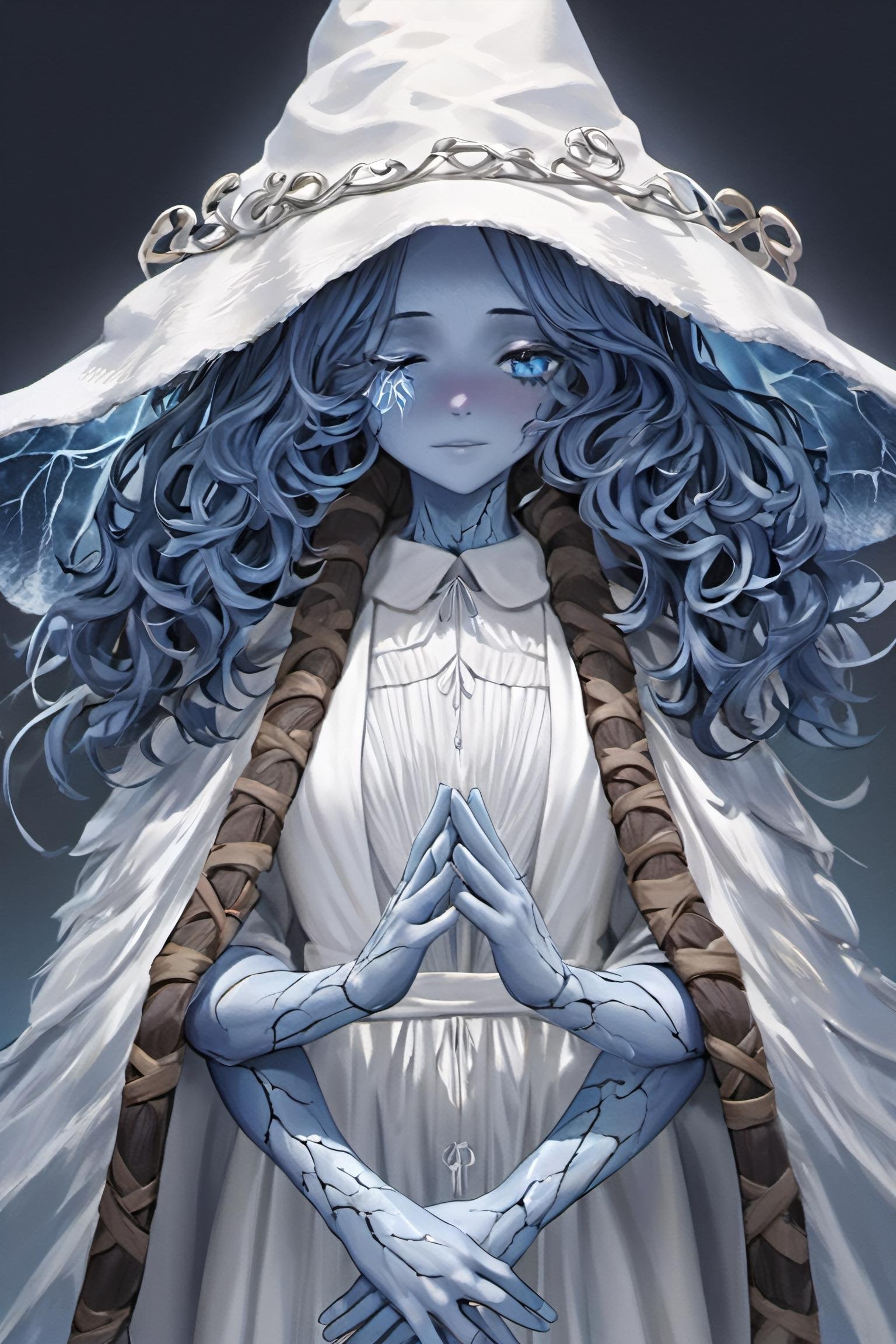 Highly detailed,  High Quality,  Masterpiece,  beautiful,  IncrsXLRanni,  wavy hair,  blue skin,  cracked skin,  extra arms,  extra faces,  white dress,  hat,  cloak,  hands_together, <lora:EMS-40853-EMS:0.900000>