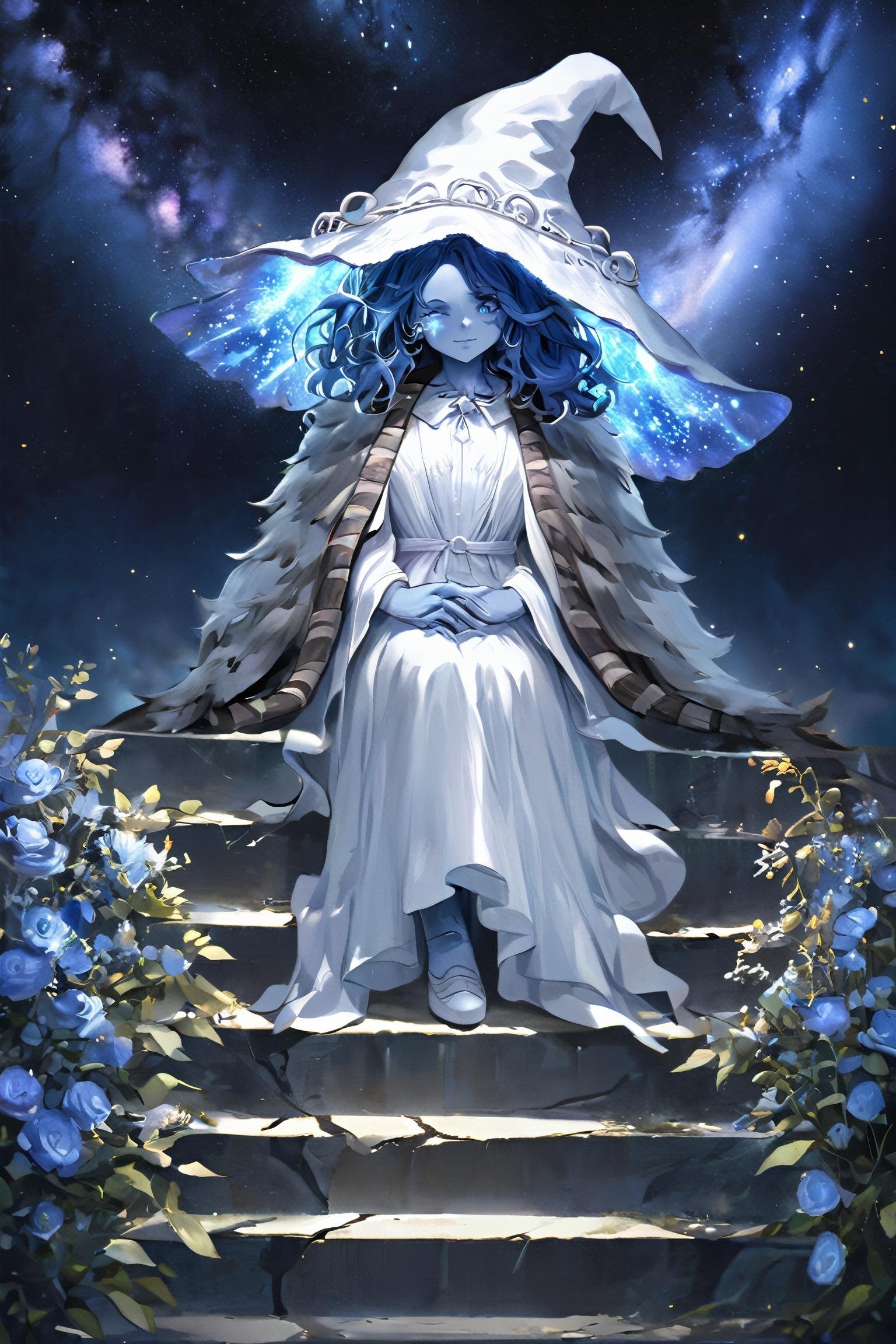 Highly detailed,  High Quality,  Masterpiece,  beautiful,  IncrsXLRanni,  wavy hair,  (blue skin:1.3),  cracked skin,  white dress,  hat,  cloak,  own_hands_together,  ghostdom,  night,  backlight,  flowers:0.5,  stairs,  (milky way),  (dark environment),  (leo zodiac sign),  cowboyshot, <lora:EMS-40853-EMS:0.900000>