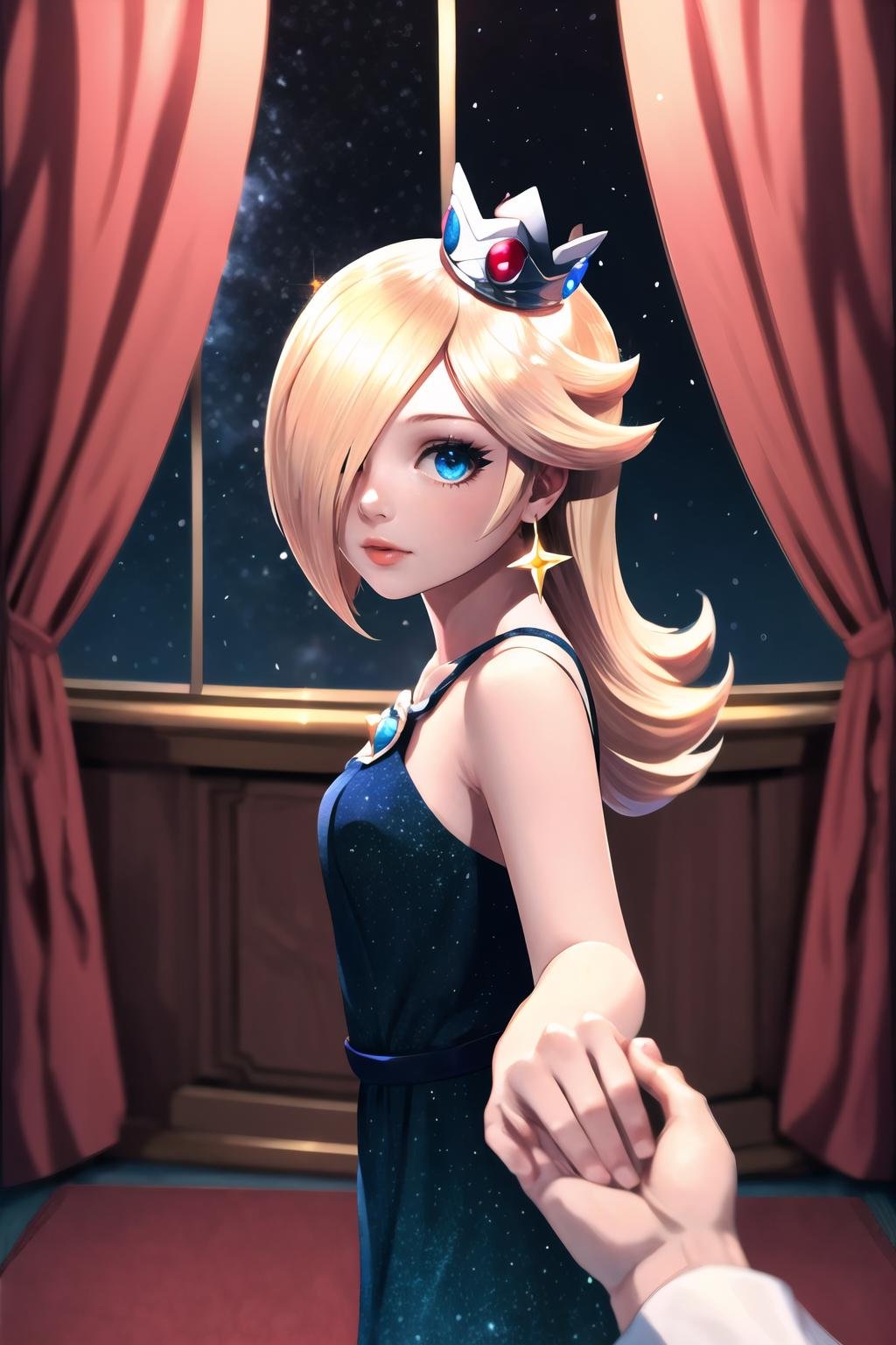 Highly detailed, High Quality, Masterpiece, beautiful, 1girl, IncrsHoldingHandsPov, pov hands, <lora:HoldingHandsPov:1>, from side, Rosalina, Rosalina_StarryNightDress, one eye covered, hair over one eye, crown, <lora:Char_MarioSeries_Rosalina:0.8>